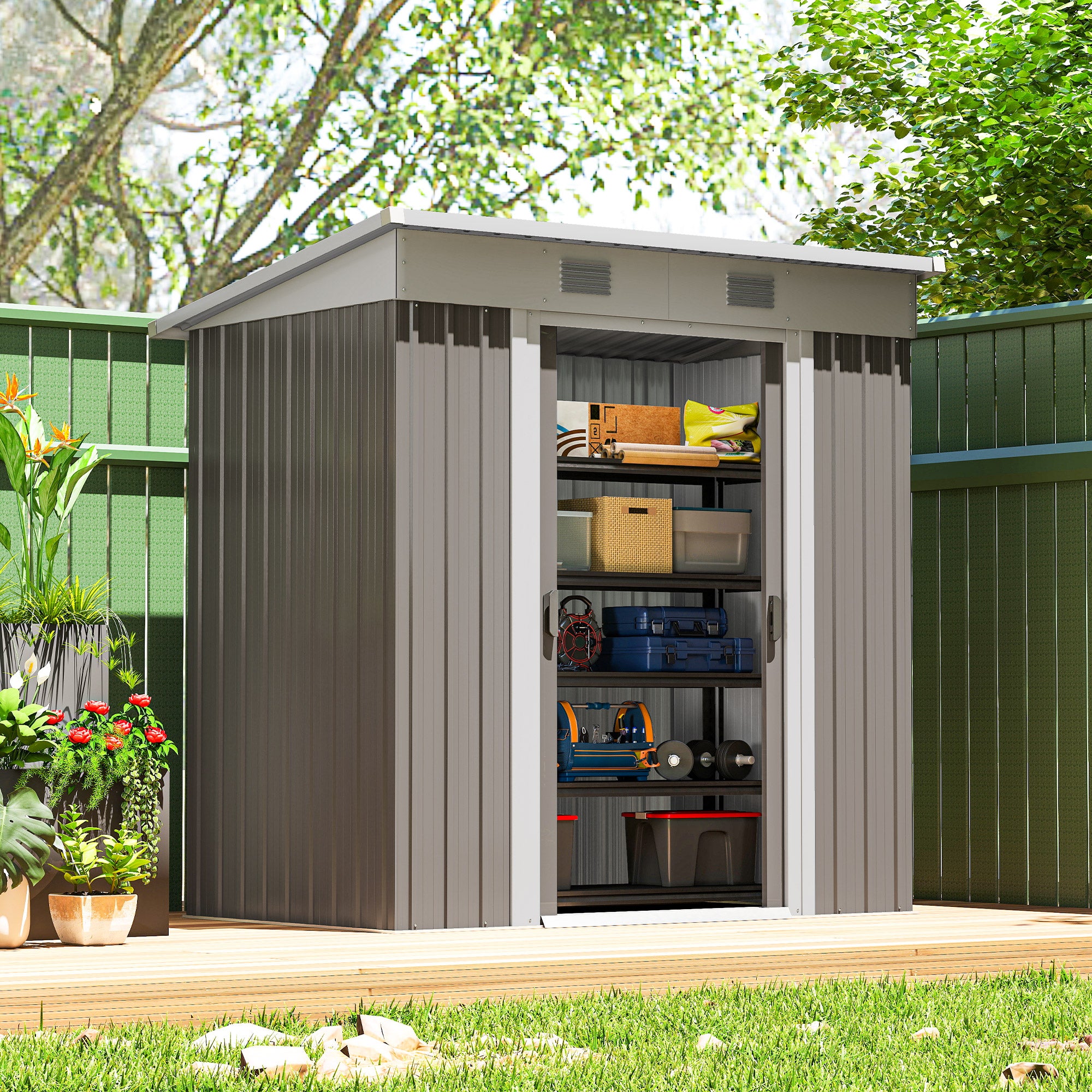 5.7' x 3.6' Outdoor Storage Shed, Metal Garden Tool Storage House Organizer with Lockable Sliding Doors and Vents for Backyard Patio Lawn, Light Grey