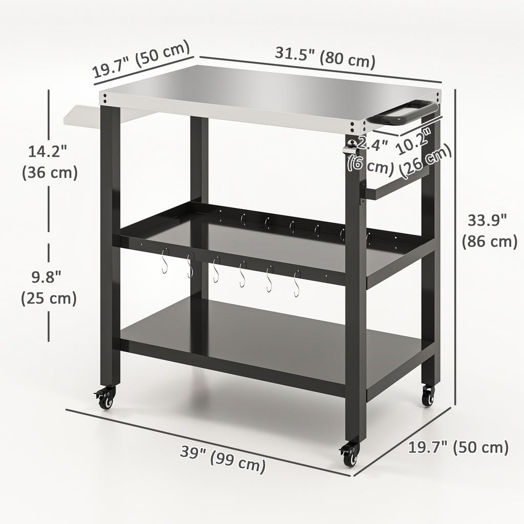 Outdoor Kitchen Bar Cart BBQ Table with Wheels, Stainless Steel Pizza Oven Stand, Movable Prep Table with Hooks