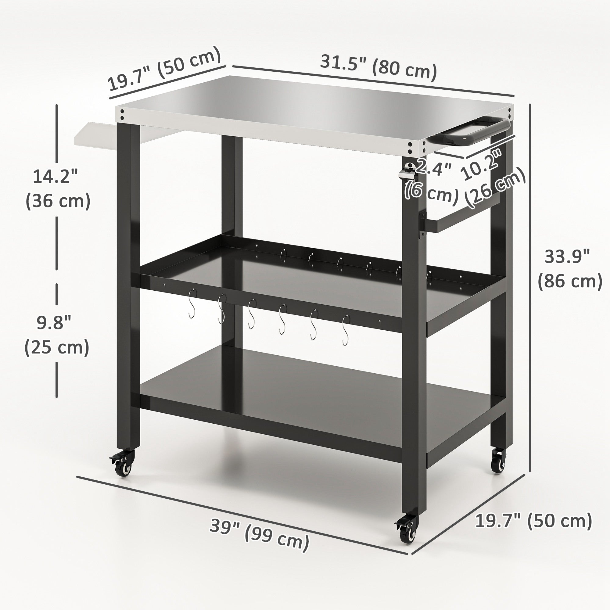 Outdoor Kitchen Bar Cart BBQ Table with Wheels, Stainless Steel Pizza Oven Stand, Movable Prep Table with Hooks