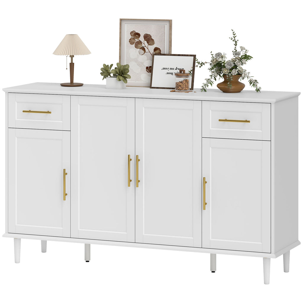 55" Buffet Cabinet with Soft-Close Doors, Modern Sideboard with 2 Drawers, 3 Adjustable Shelves and 4 Doors, White