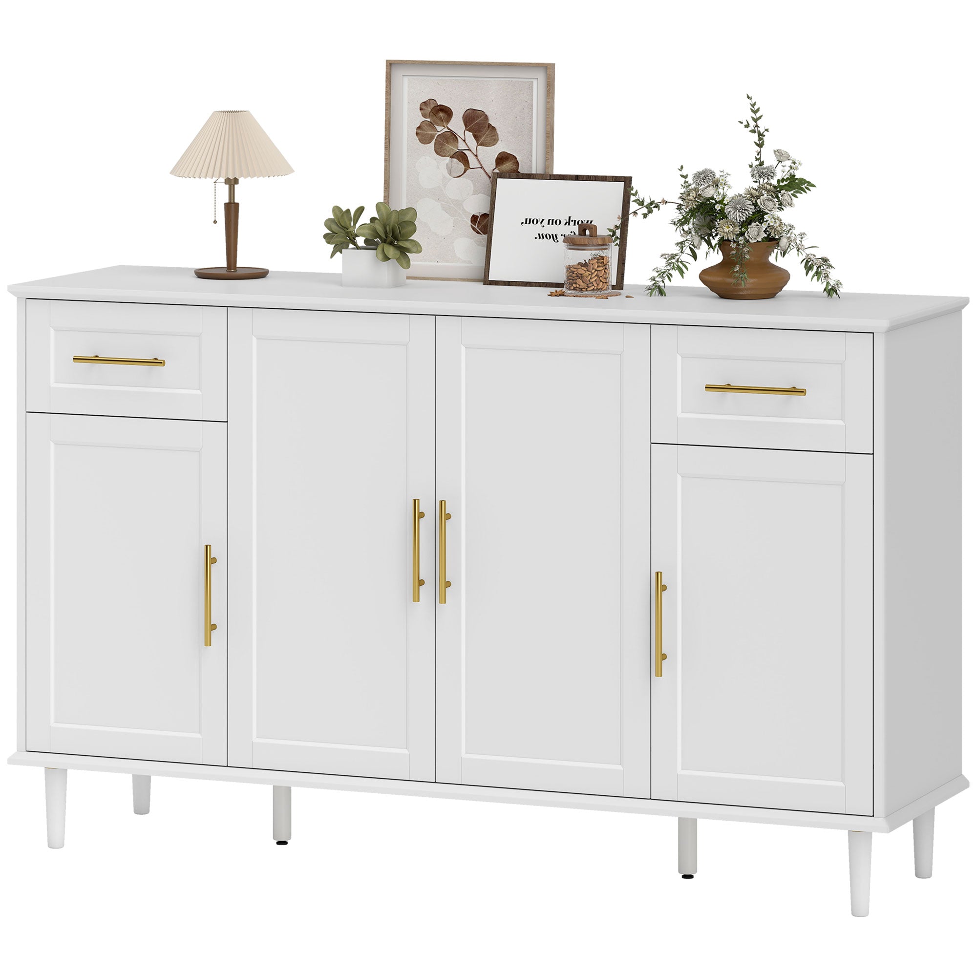55" Buffet Cabinet with Soft-Close Doors, Modern Sideboard with 2 Drawers, 3 Adjustable Shelves and 4 Doors, White