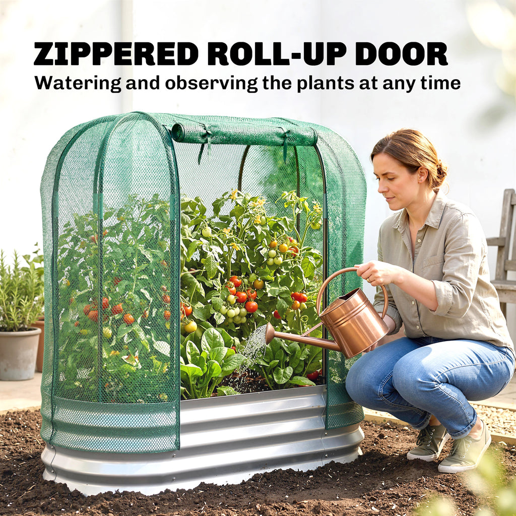 Galvanized Raised Garden Bed with Crop Cage Protection Net Cover, Outdoor Planter Box for Vegetables, Flowers, Herbs