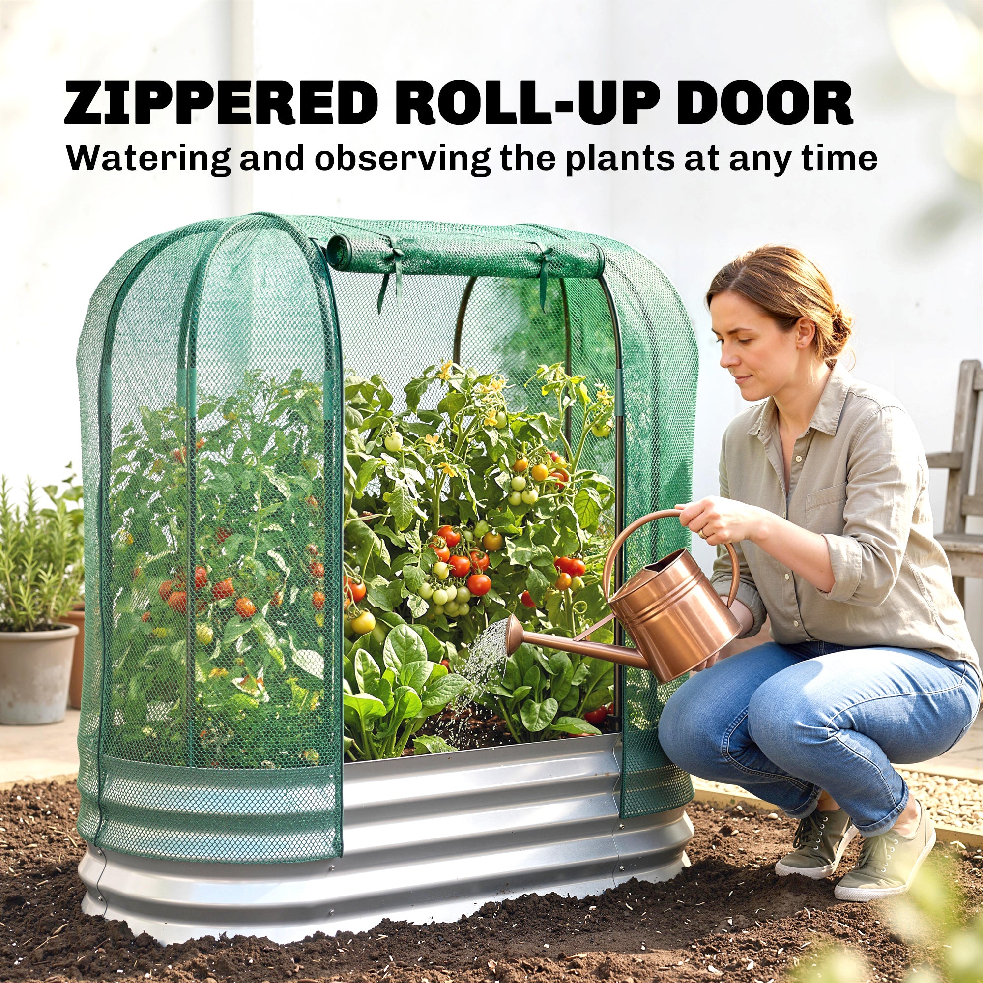 Galvanized Raised Garden Bed with Crop Cage Protection Net Cover, Outdoor Planter Box for Vegetables, Flowers, Herbs