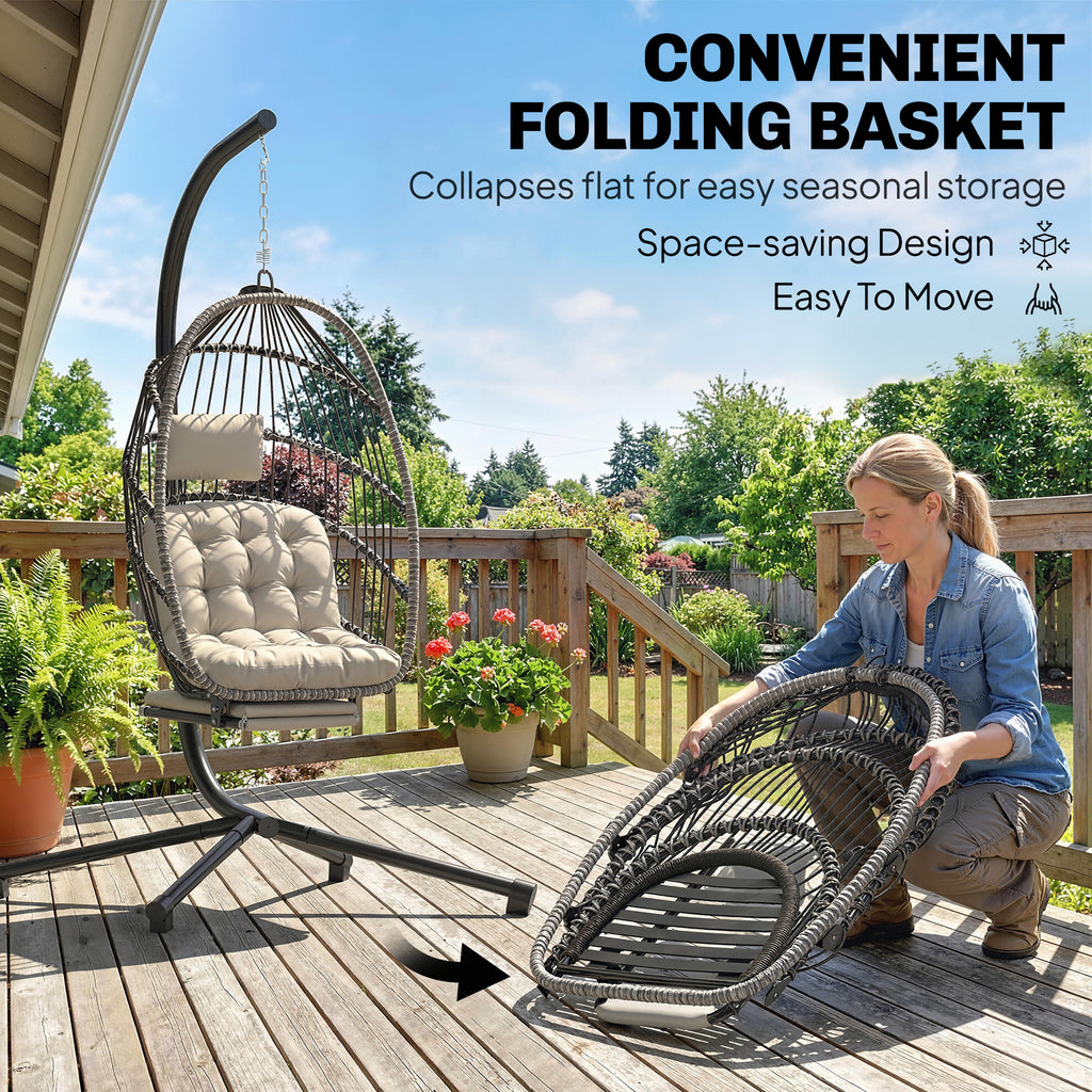 Outdoor Hanging Egg Chair with Retractable Footrest Swing Chair with Metal Stand Light Grey
