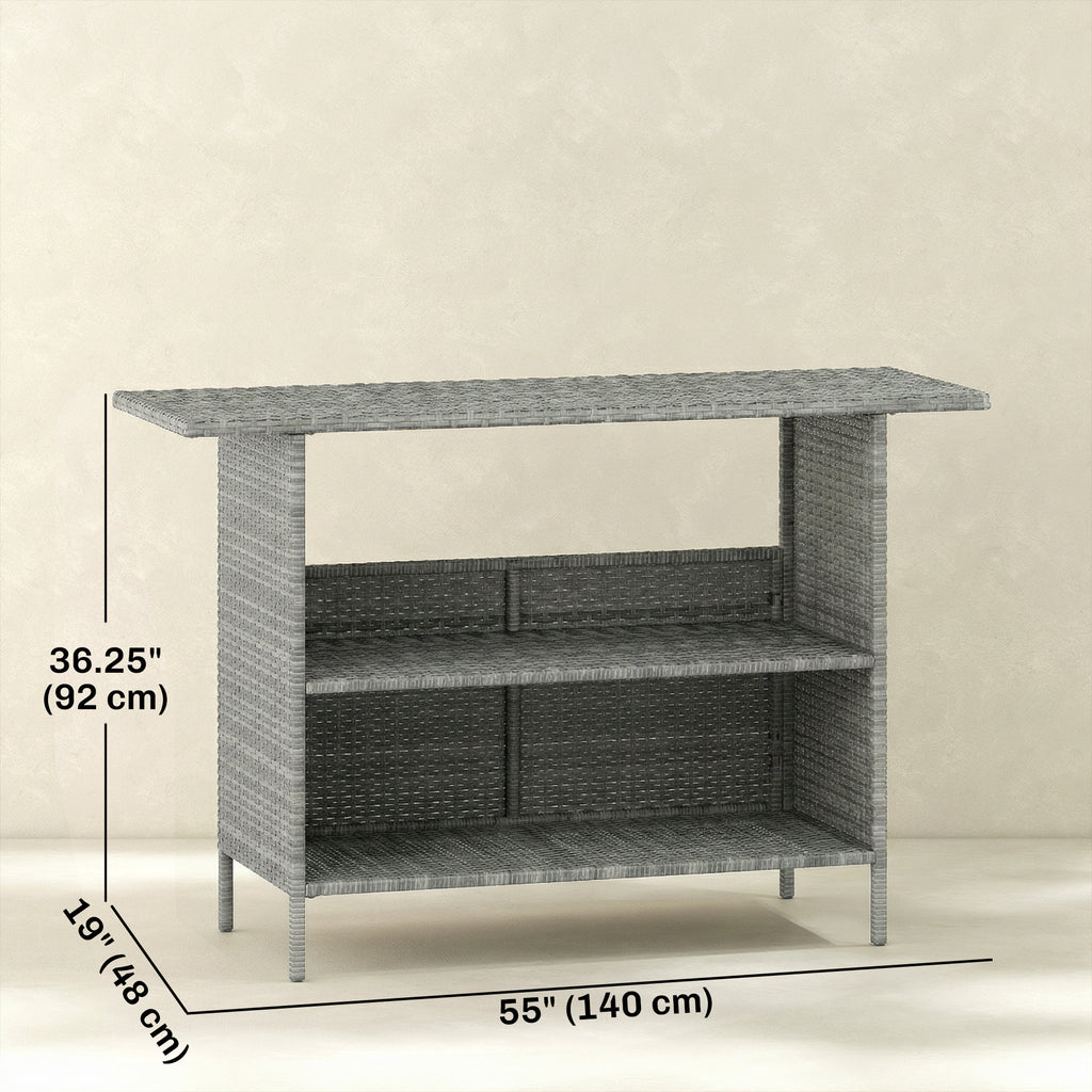 Wicker Outdoor Bar Table, PE Rattan Bar Height Patio Table with 2 Shelves, Steel Frame for Garden, Backyard, Dark Grey