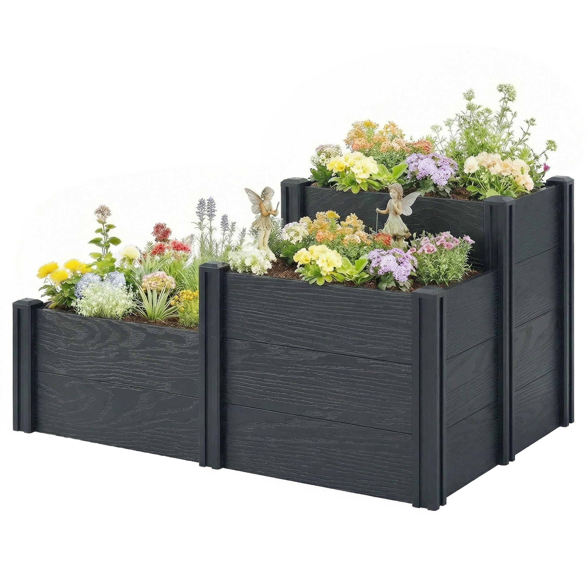 Vinyl Raised Garden Bed Kit, 3-Tier Elevated Garden Box with Open Bottom, DIY Assembly, Grey Wood Effect