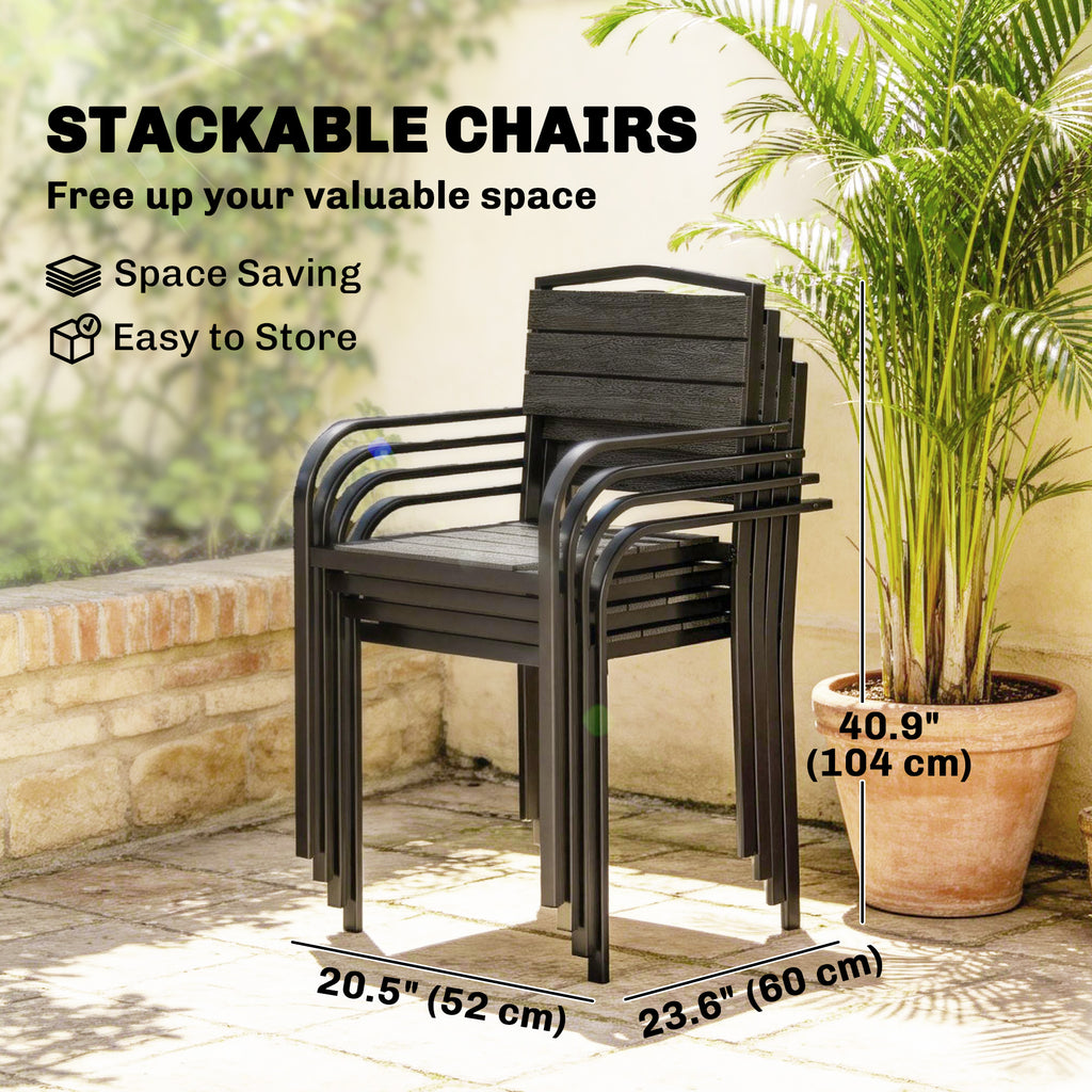 Stackable Patio Chairs Set of 4, Outdoor Dining Chairs with Slatted HDPE Seat, Armrests for Garden, Backyard, Black