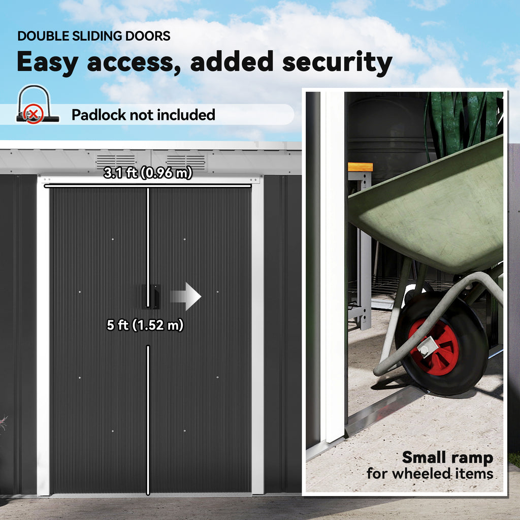 9x4 Outdoor Storage Shed Galvanized Steel Garden Shed with Foundation Kit, Ventilation & Doors, Dark Grey