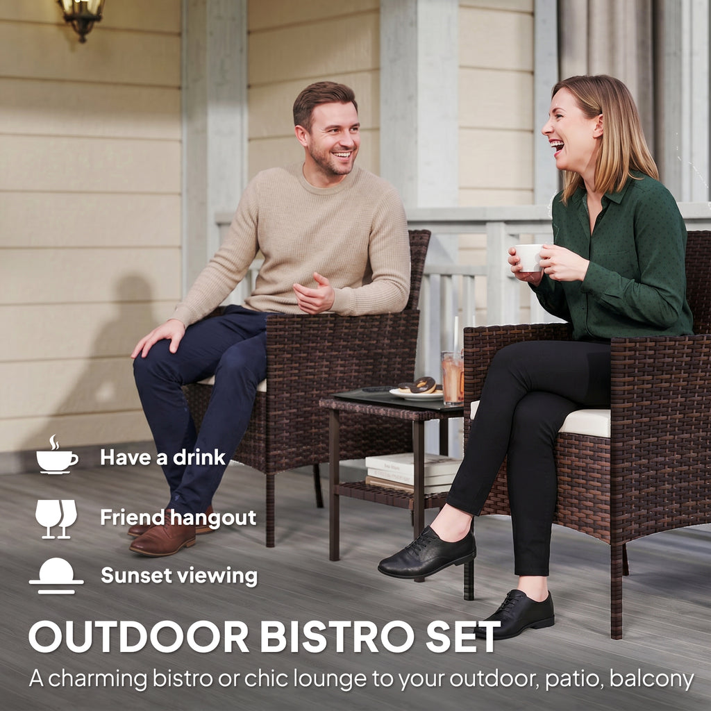 Wicker Bistro Set, 3 Piece Patio Furniture Set with 2-Tier Glass Top Table, Cushions for Balcony, Porch, Beige