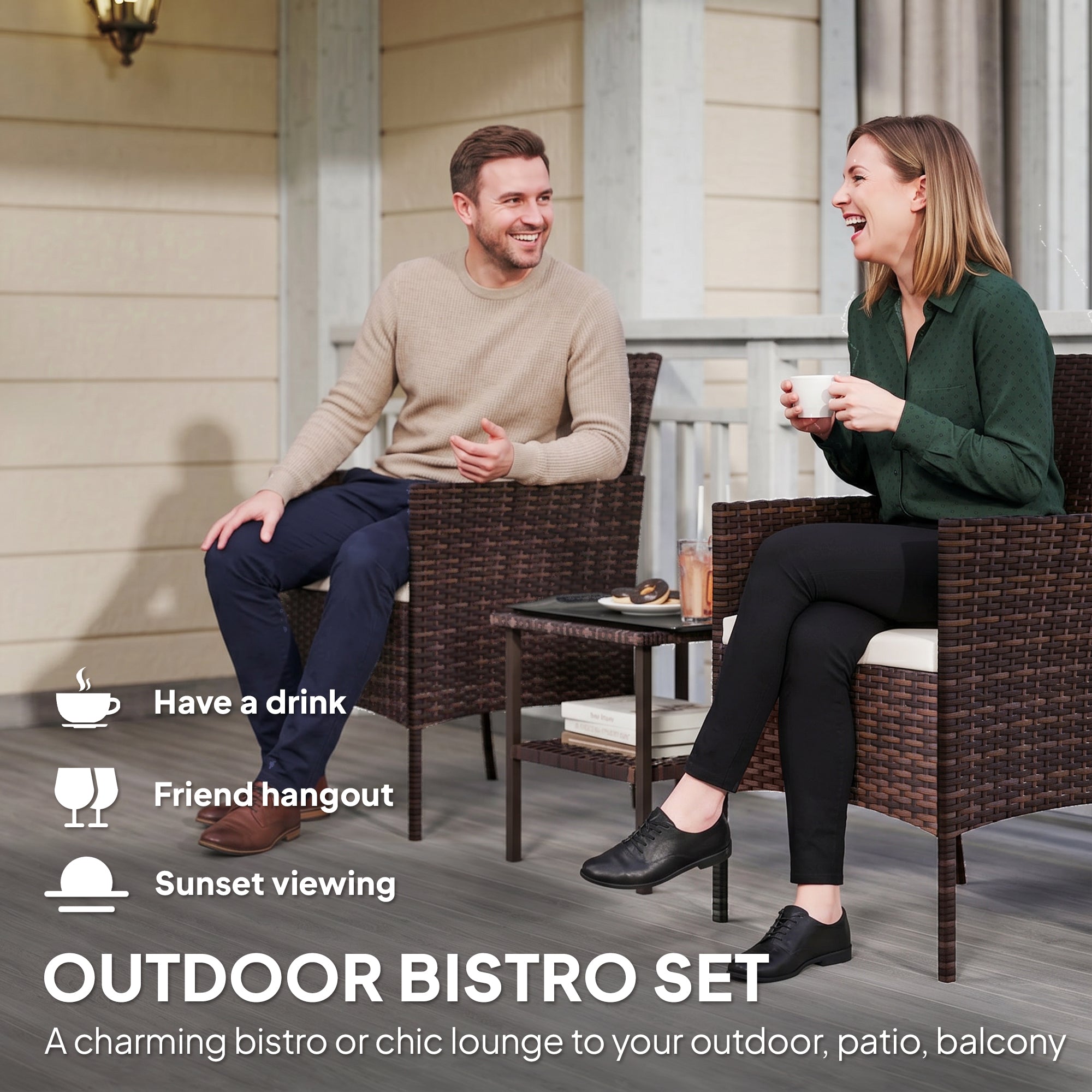 Wicker Bistro Set, 3 Piece Patio Furniture Set with 2-Tier Glass Top Table, Cushions for Balcony, Porch, Beige
