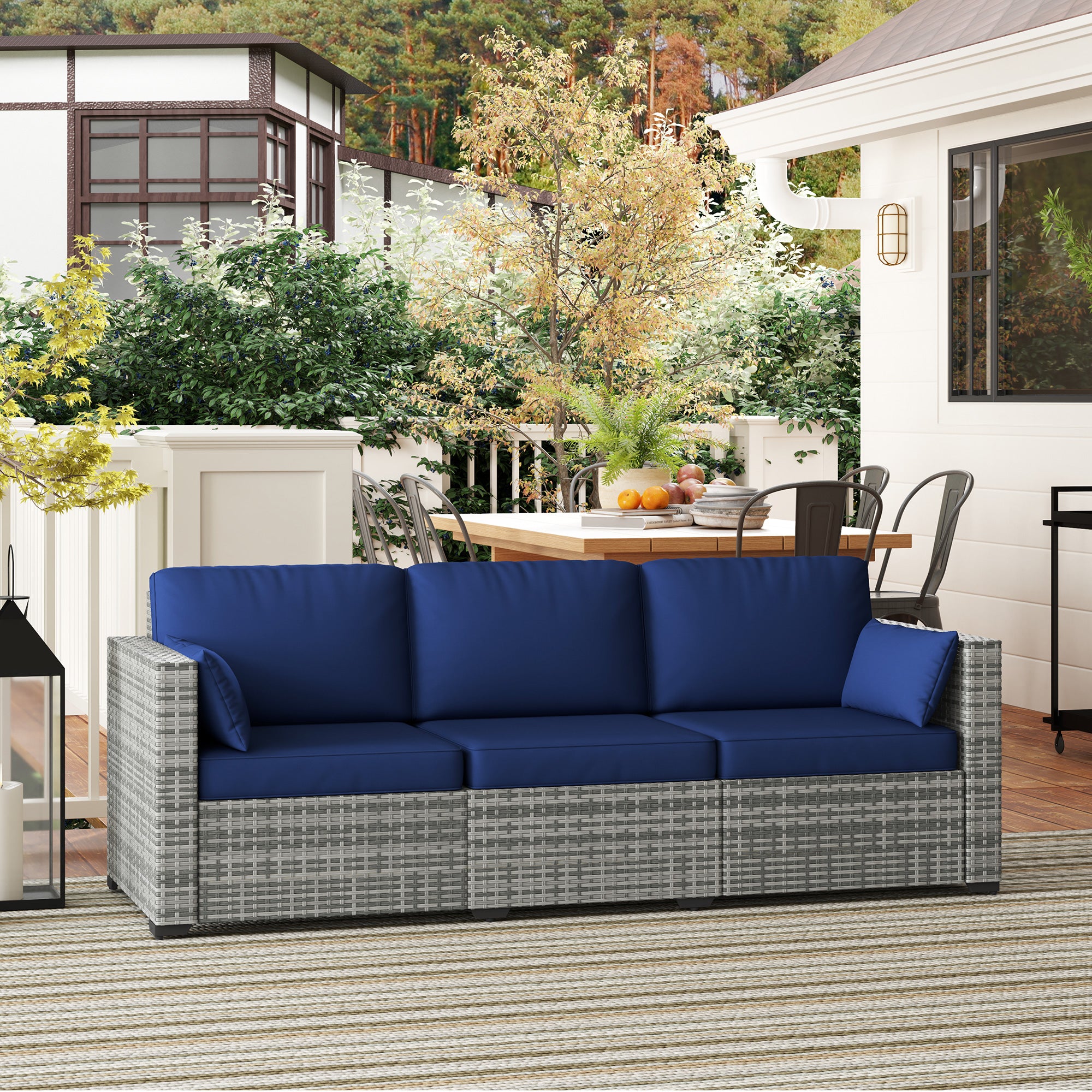 3-Seater Patio Sofa with Cushions, Rattan Conversation Set with Steel Frame & Washable Cushion Covers, Dark Blue