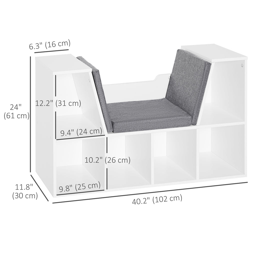 6-Cubby Bookcase with Seat Cushion, Cube Storage Shelf with Reading Nook for Home Office, Study, Grey