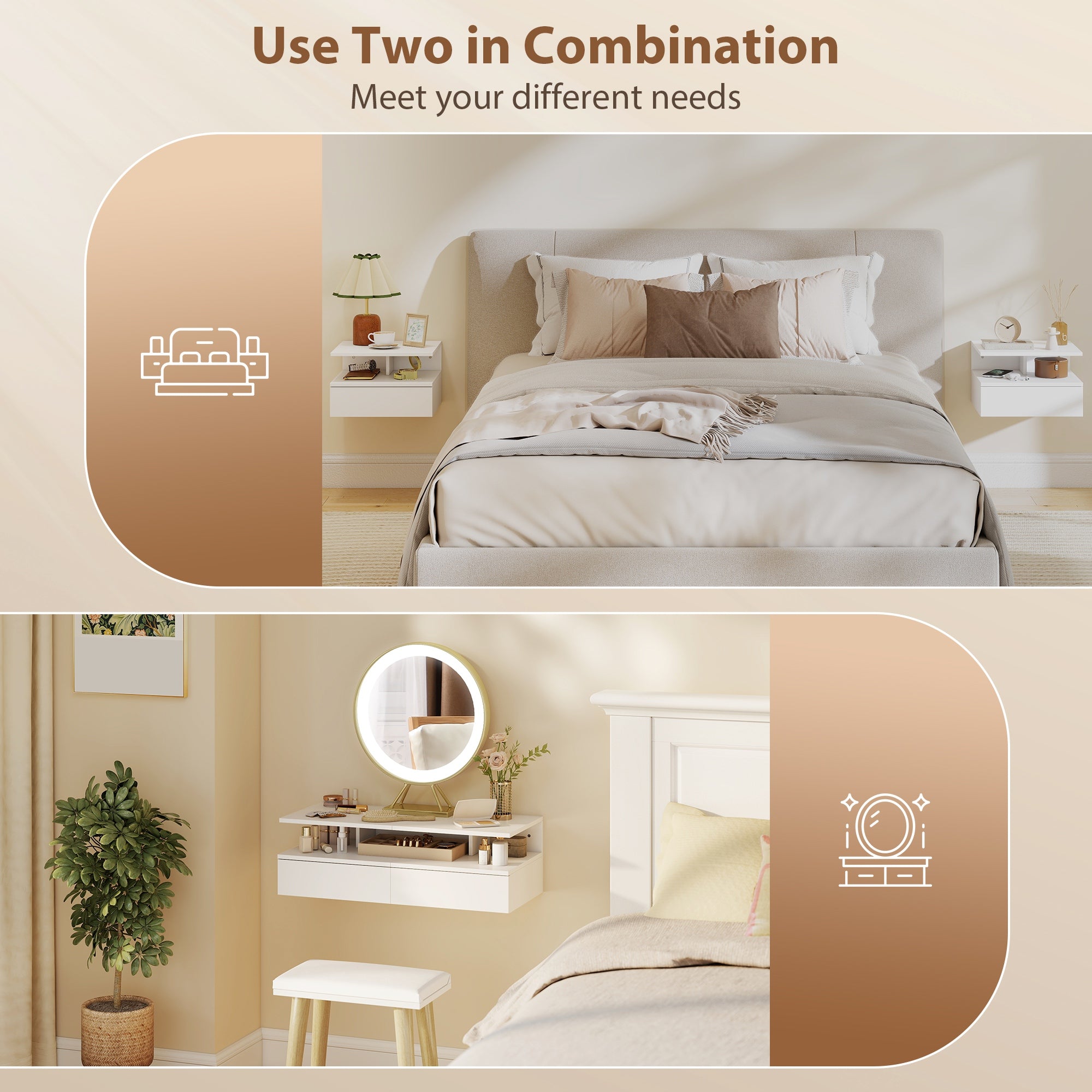 Floating Nightstand Set of 2, Wall Mounted Bedside Table with Drawer and Shelf, Small Night Stand for Bedroom, White