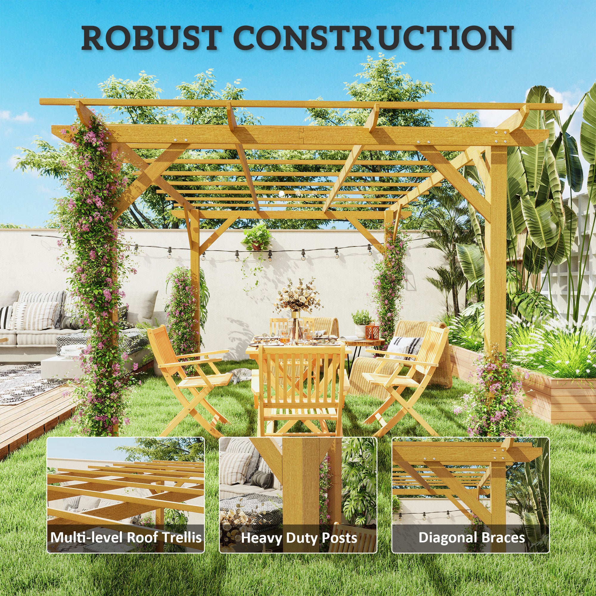 10' x 13' Wood Pergola, Outdoor Gazebo Grape Trellis for Climbing Plant Support, Garden, Patio, Backyard, Nature Wood