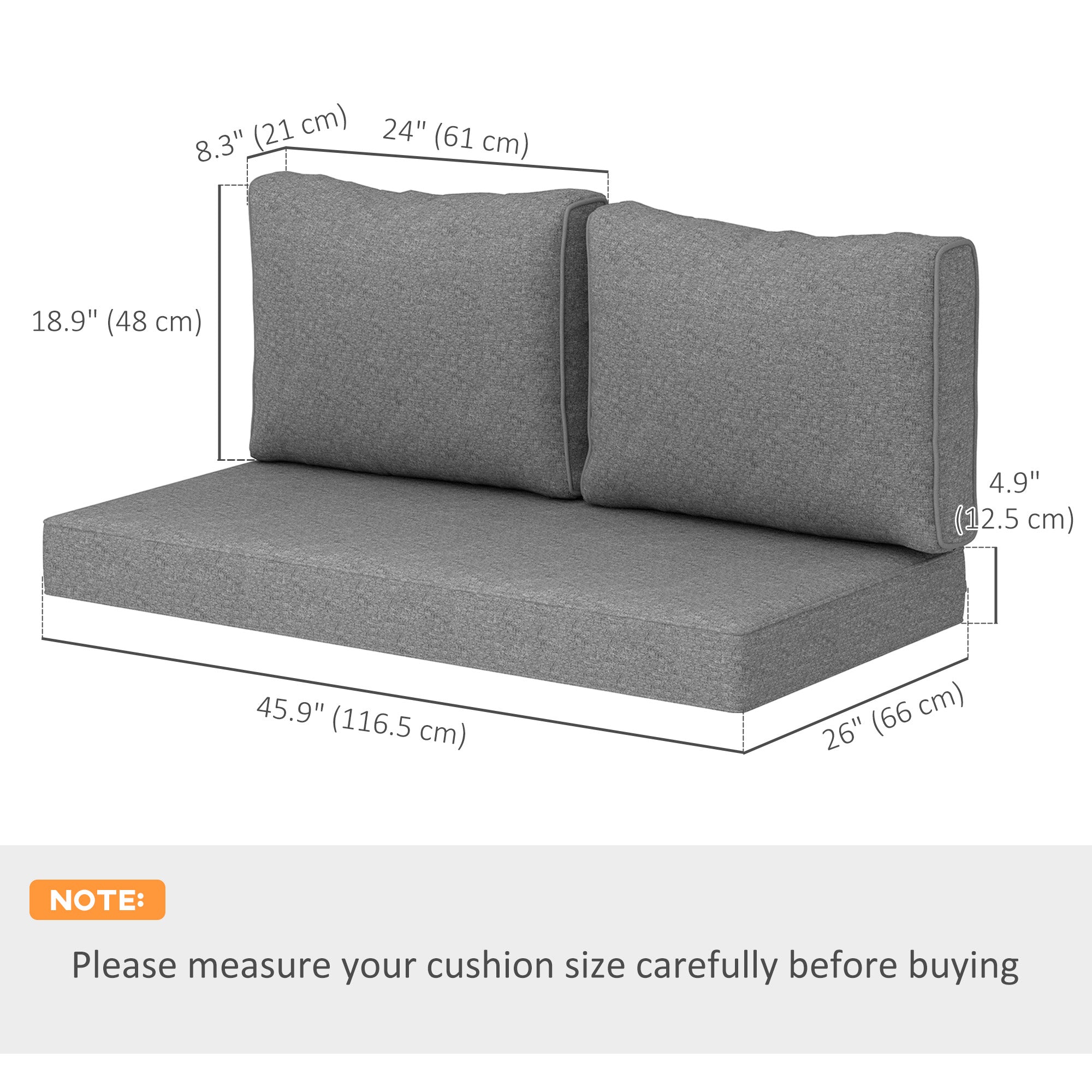2 Seater Outdoor Seat Cushions with Backrest, Loveseat Double Sofa Outdoor Furniture Cushions, Grey