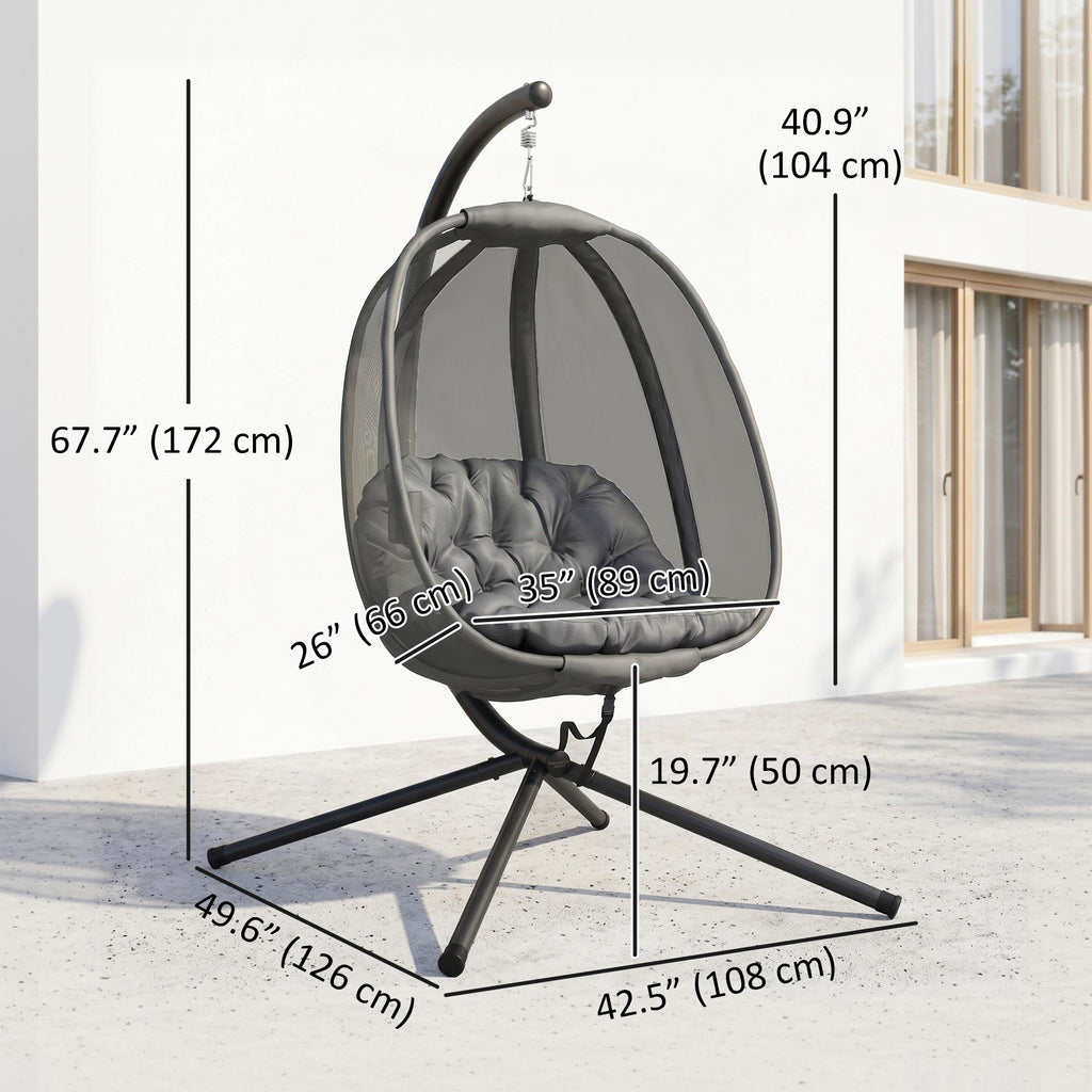 Hanging Egg Chair, Outdoor Indoor Swing Chair with Stand, Folding Basket and Thickened Cushion, Grey