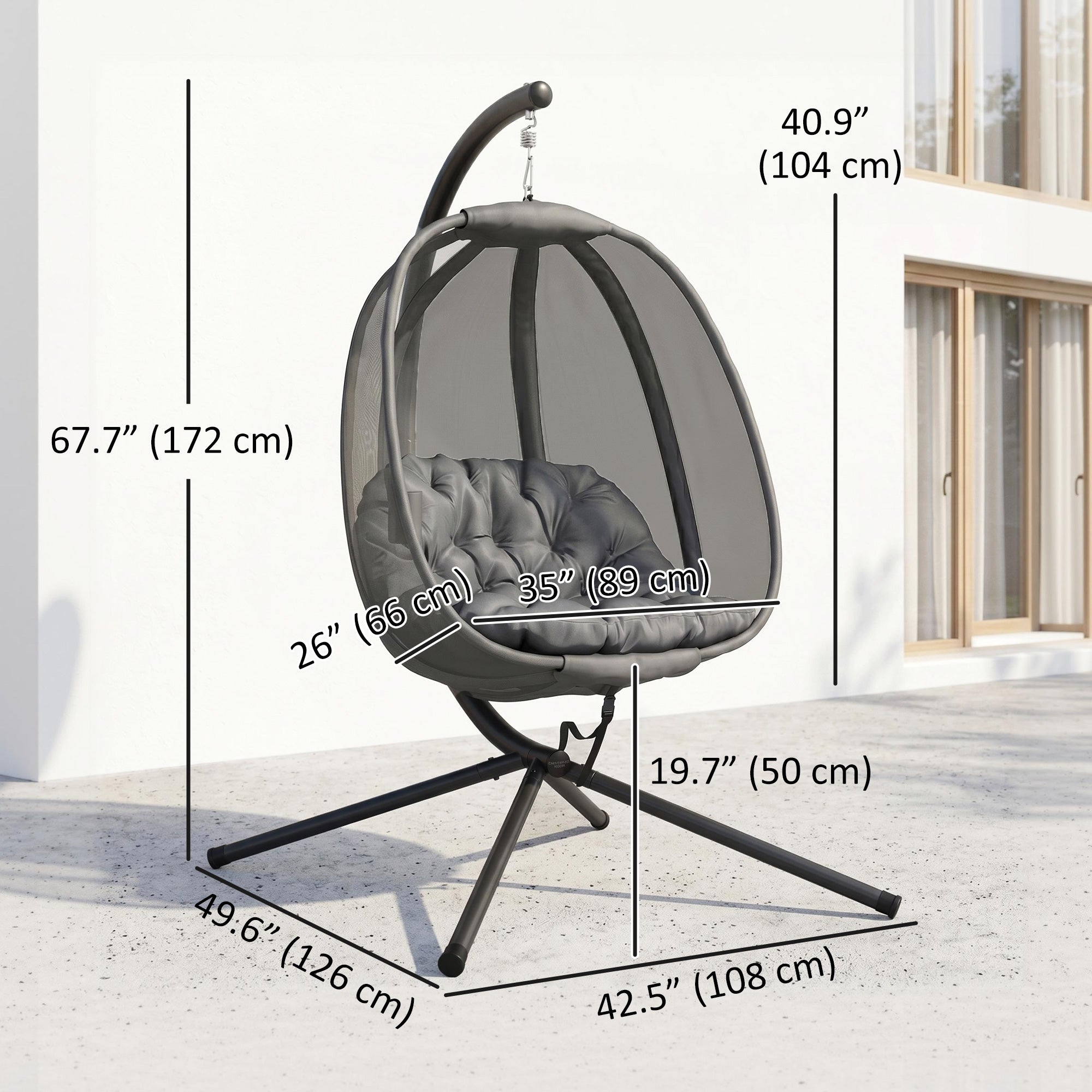 Hanging Egg Chair, Outdoor Indoor Swing Chair with Stand, Folding Basket and Thickened Cushion, Grey