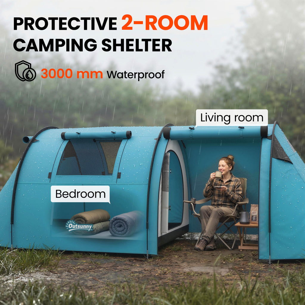 3-4 Person Camping Tent with 2 Rooms, 3000mm Waterproof Portable Family Tent with Carry Bag, Sky Blue