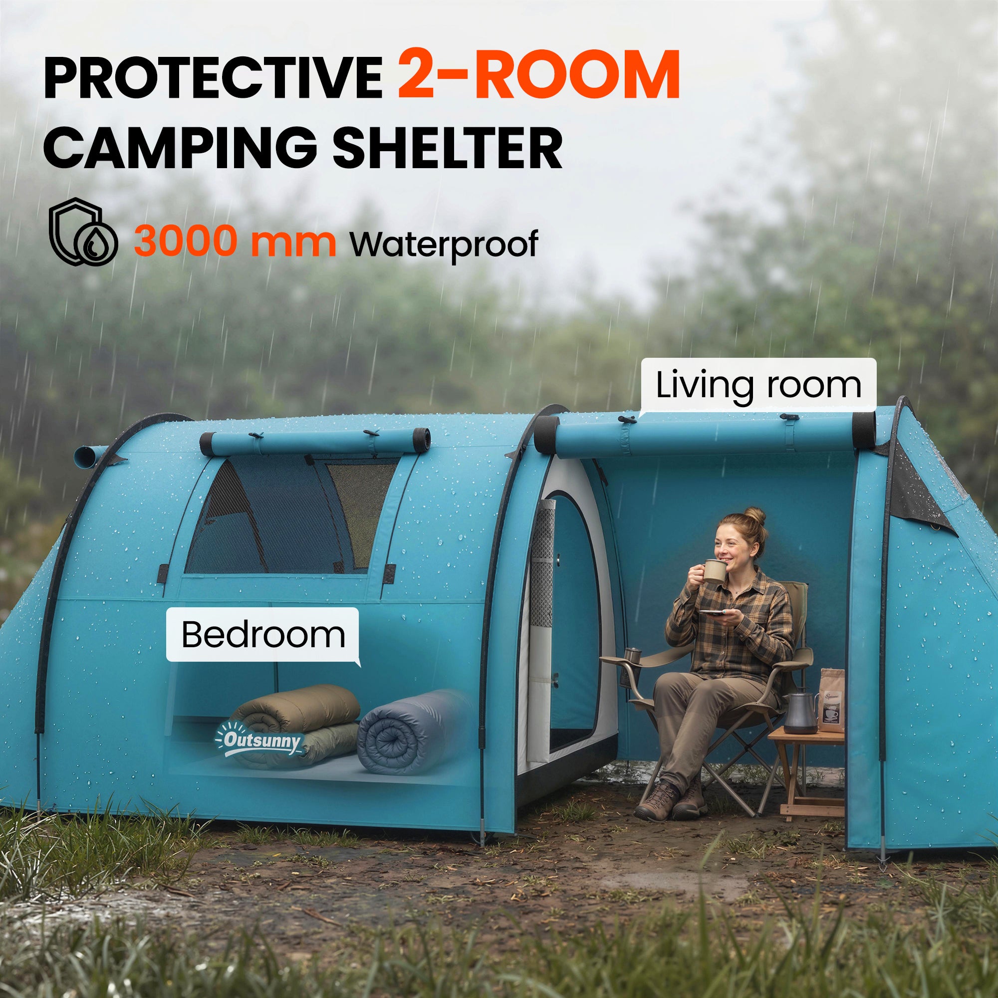 3-4 Person Camping Tent with 2 Rooms, 3000mm Waterproof Portable Family Tent with Carry Bag, Sky Blue