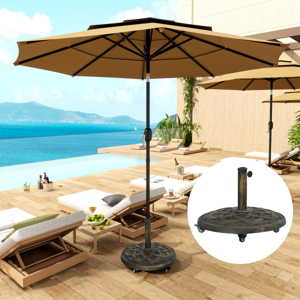 Round Patio Umbrella Base with Wheels, 44 lbs Resin Umbrella Stand Base, 1.3"/1.5"/1.9" Umbrella Poles Bronze
