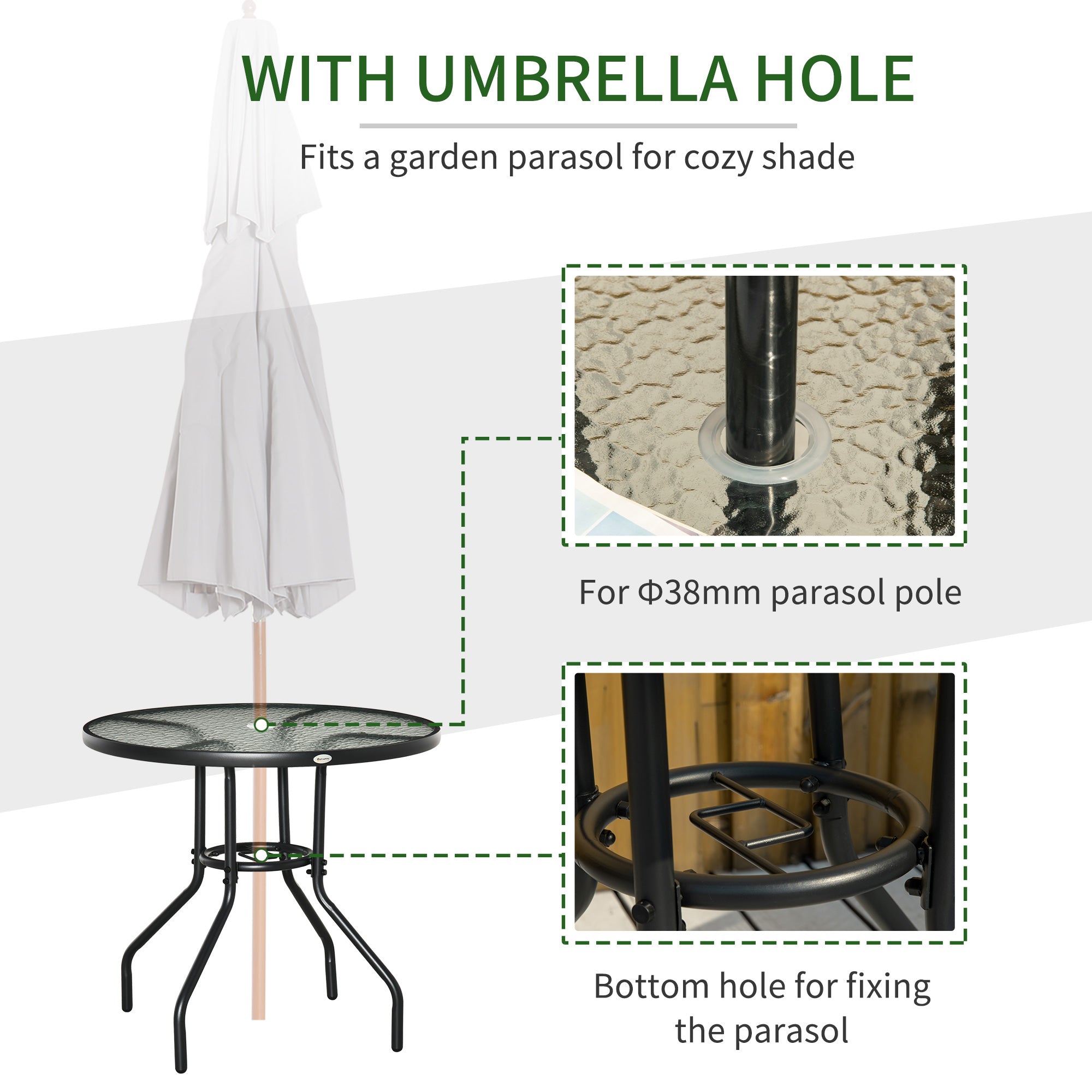 31.5" Round Outdoor Dining Table Coffee Side Bistro Table with Umbrella Hole, Glass Top, Steel Frame for Garden, Patio