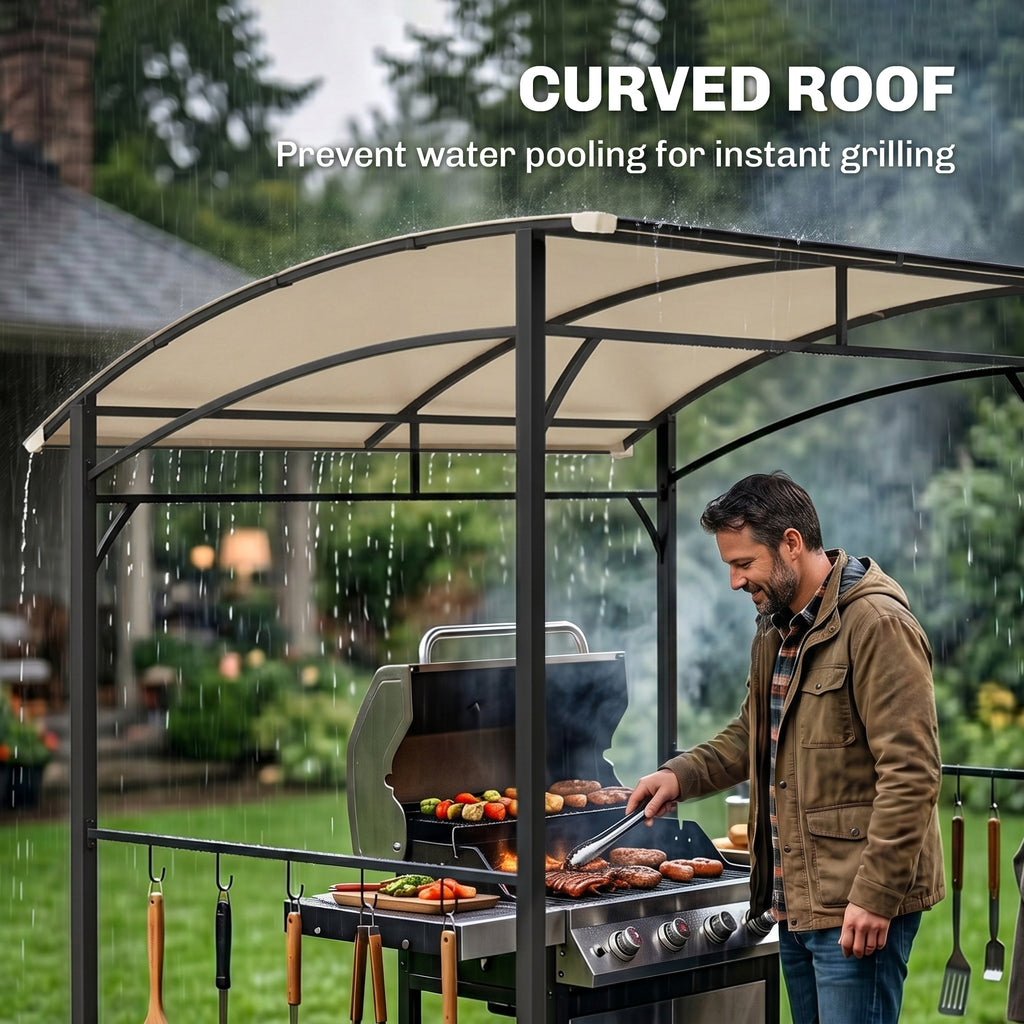 7' x 5' BBQ Grill Gazebo Tent, Garden Grill Canopy with Steel Frame and Hooks, Outdoor Sun Shade, Beige