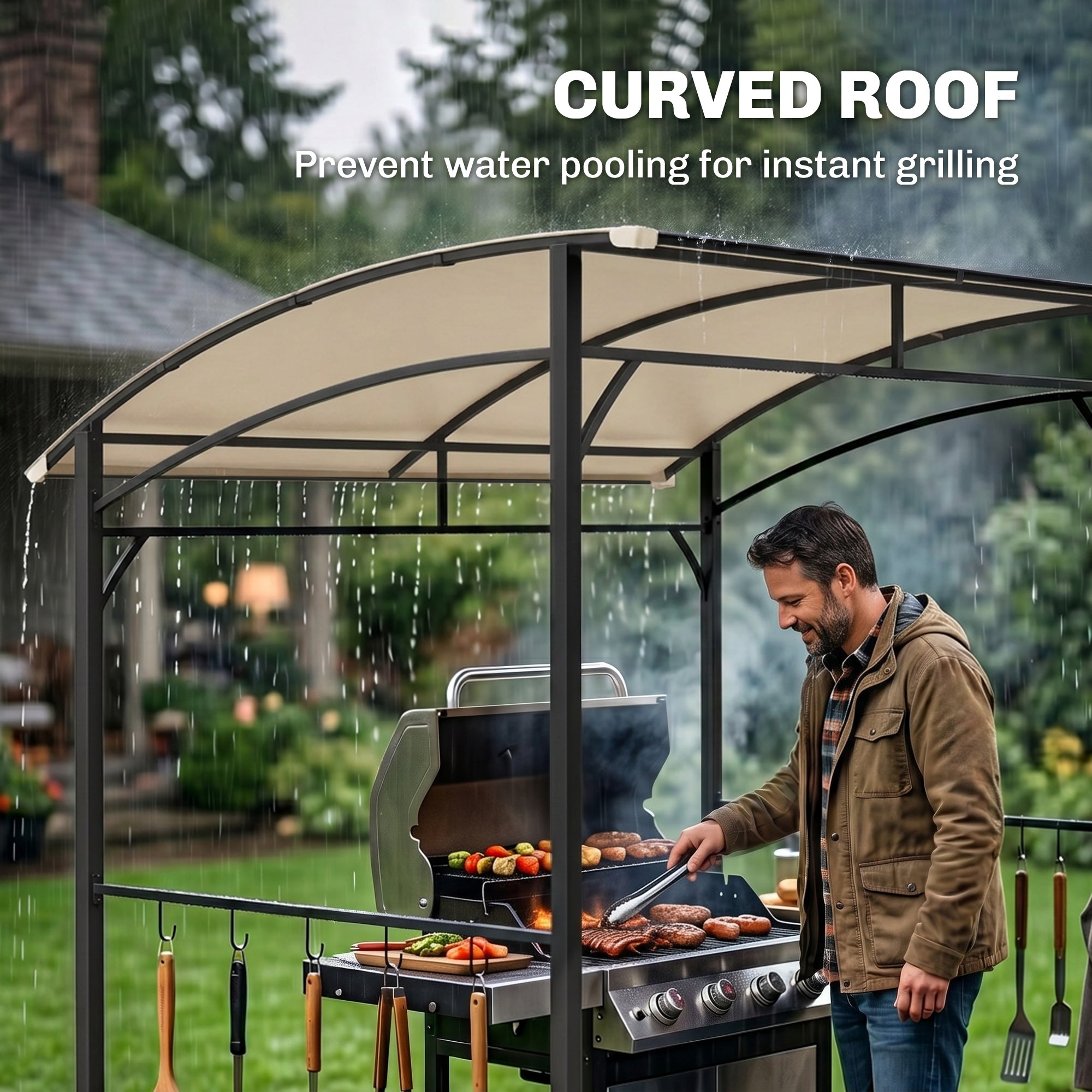 7' x 5' BBQ Grill Gazebo Tent, Garden Grill Canopy with Steel Frame and Hooks, Outdoor Sun Shade, Beige