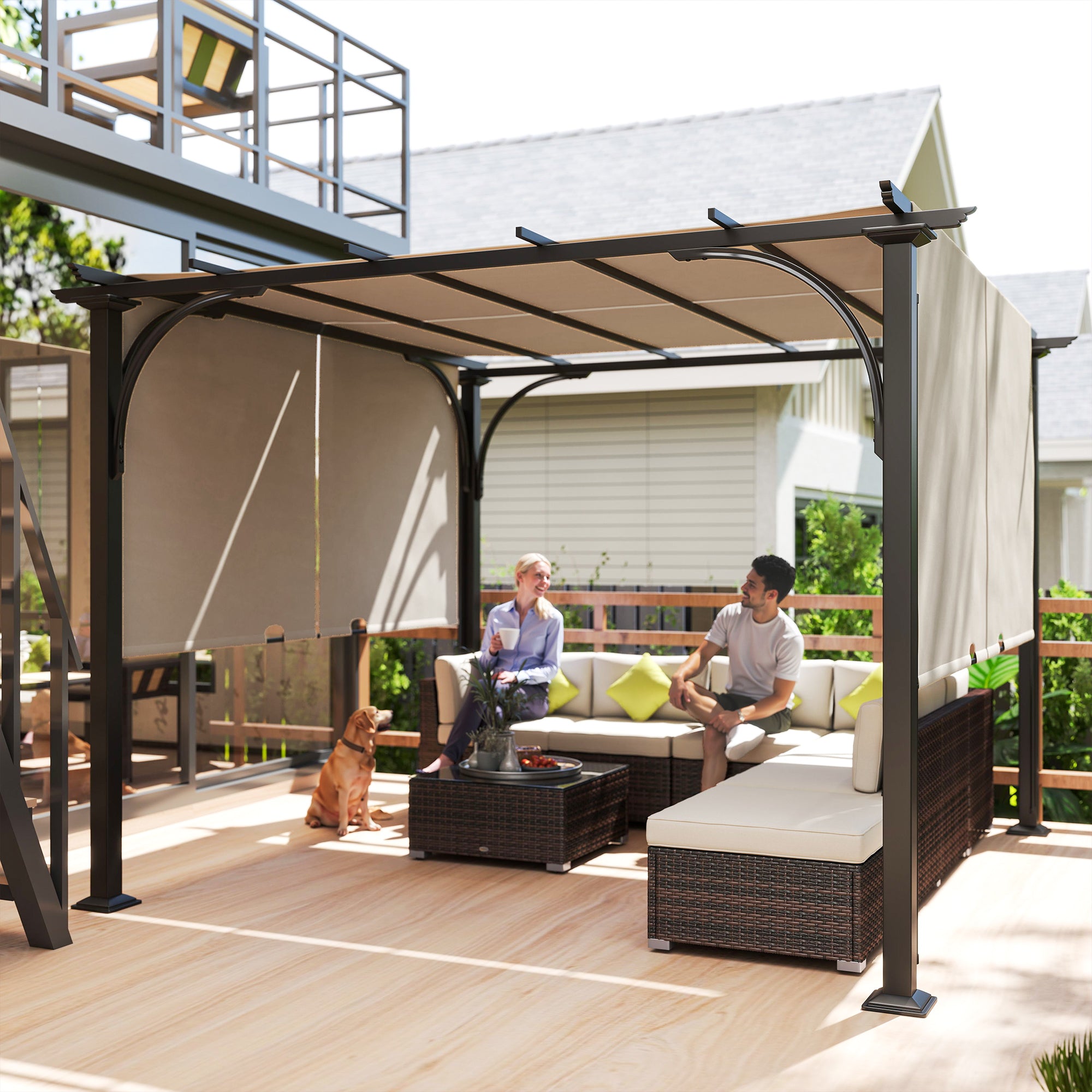 10' x 10' Outdoor Pergola Patio Gazebo Canopy Sun Shelter, Steel Frame, Beige