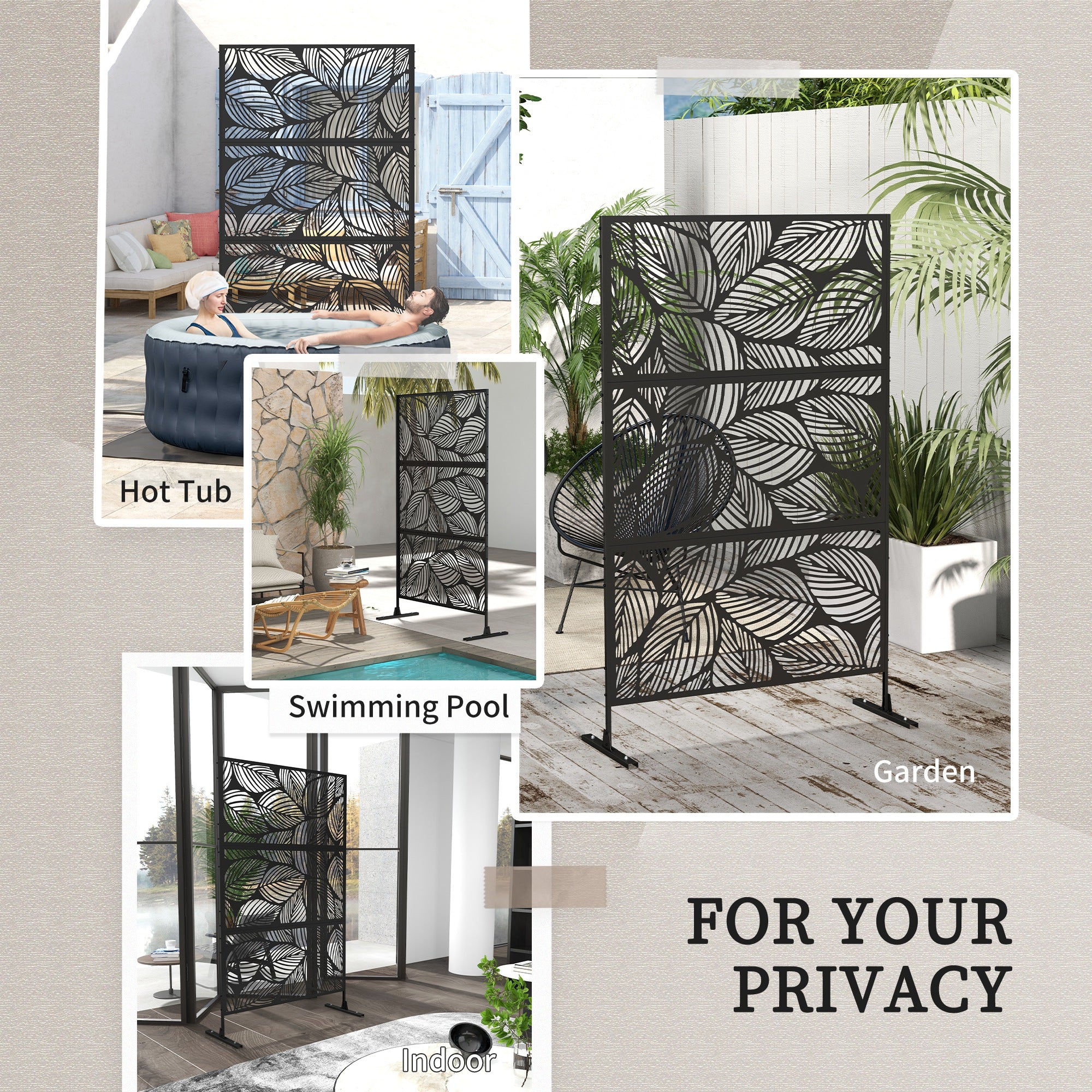 6.5FT Decorative Outdoor Divider, Metal Privacy Screen with Stand, Leaf Style, Black
