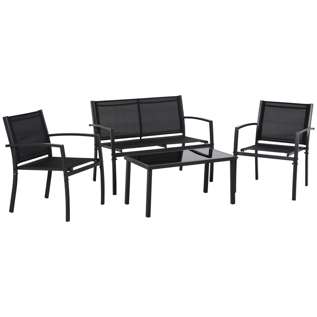 4-Piece Patio Furniture Set with Glass Top Coffee Table, Breathable Mesh Seat & Backrest for Garden, Balcony, Black