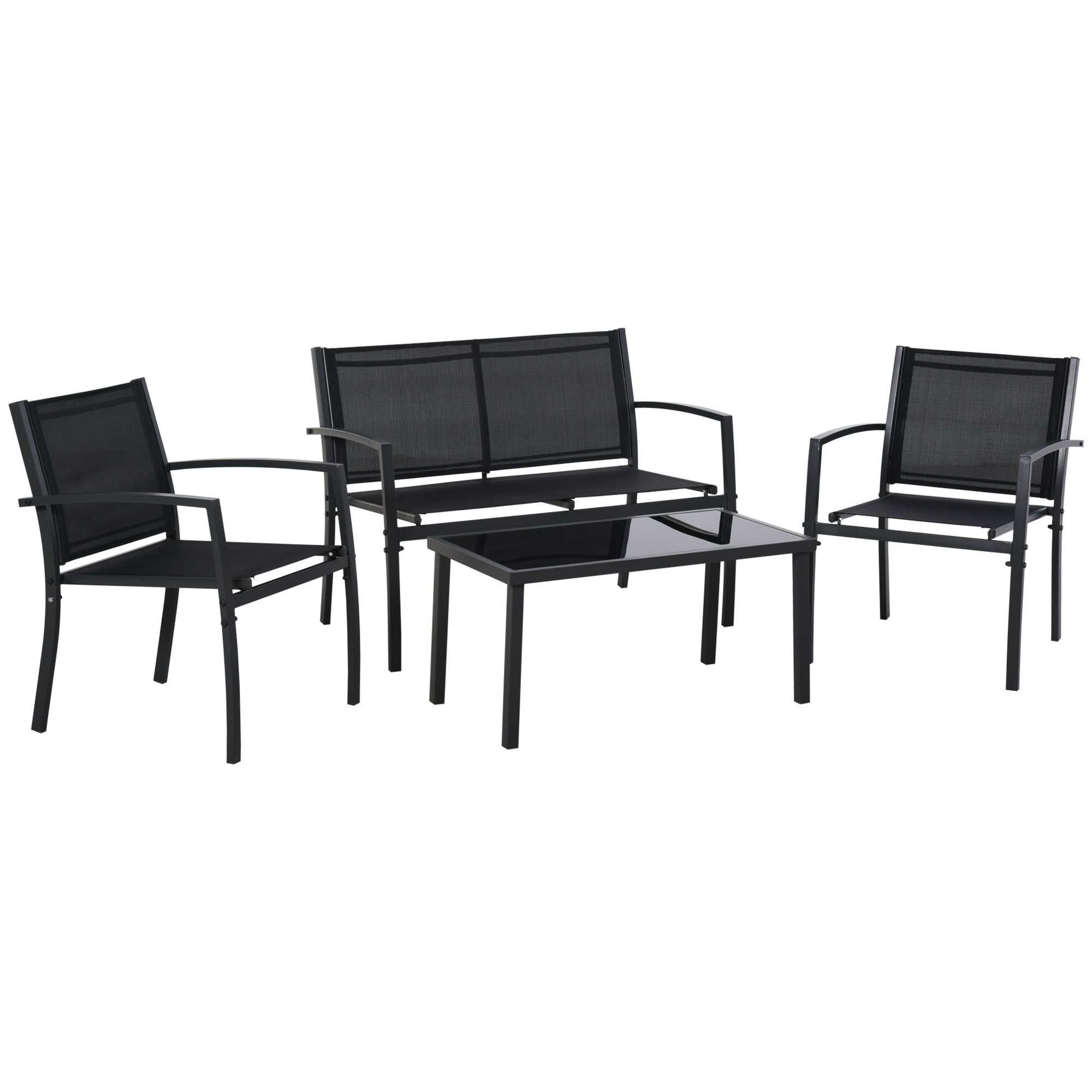 4-Piece Patio Furniture Set with Glass Top Coffee Table, Breathable Mesh Seat & Backrest for Garden, Balcony, Black