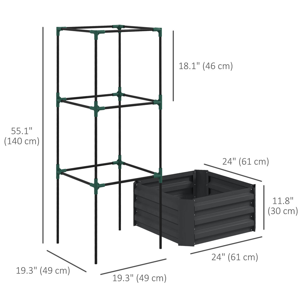 Galvanized Planter Box, Outdoor Raised Garden Bed with 3-Tier Trellis Tomato Cage for Climbing Vines, Vegetables, Grey