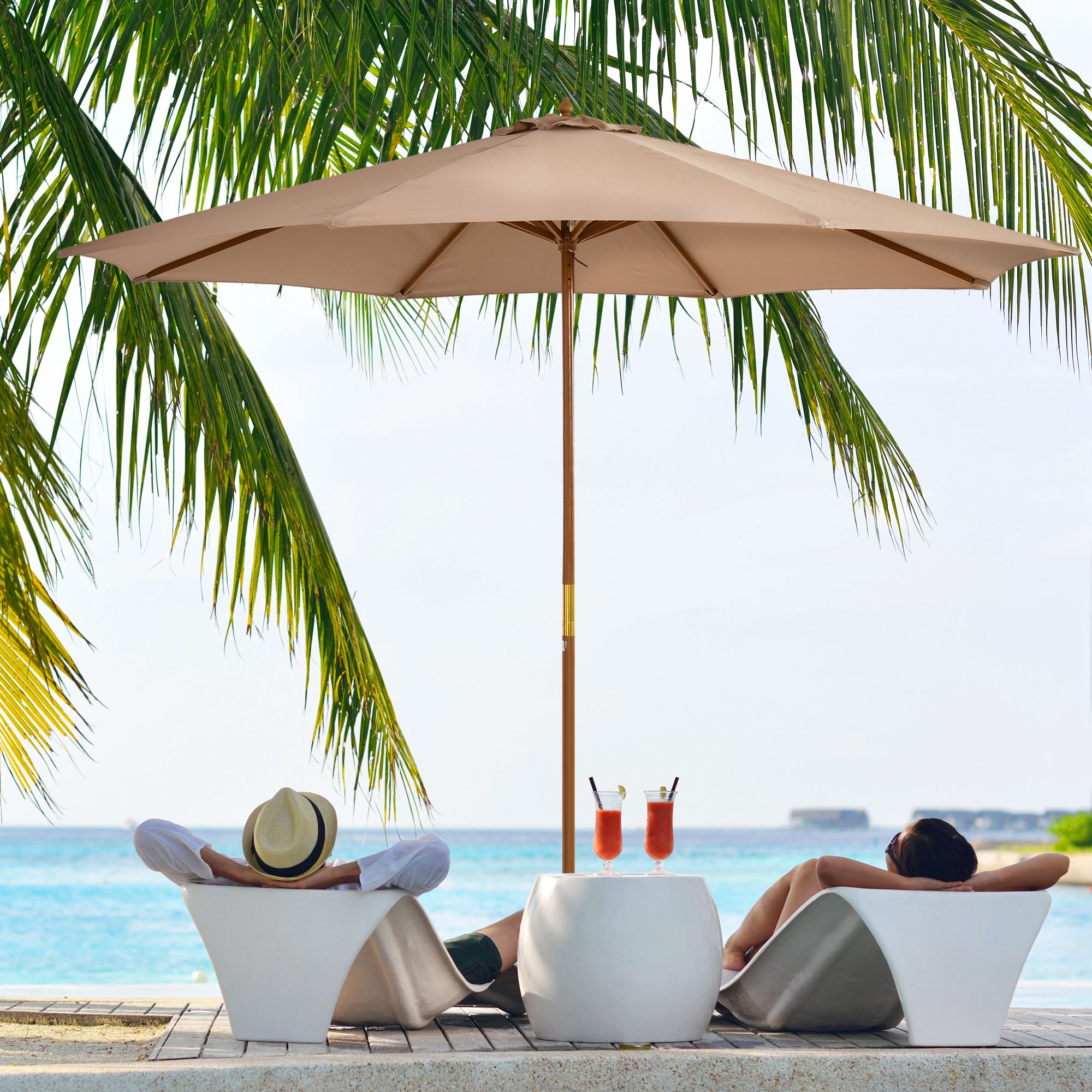 10' x 8' Wooden Patio Umbrella, Garden Parasol, Outdoor Sunshade Canopy with Bamboo Rib for Outdoor, Khaki