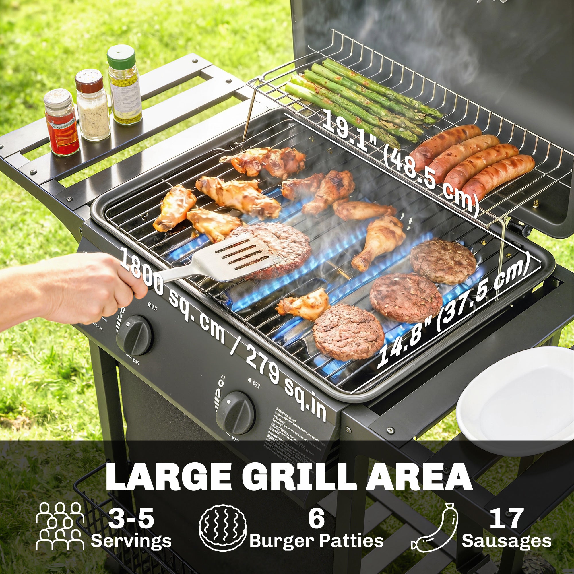 2-Burner Propane Gas Grill, 18000 BTU BBQ Grill with Wheels, Warming Rack, Shelf, Thermometer, Grease Cup, Black