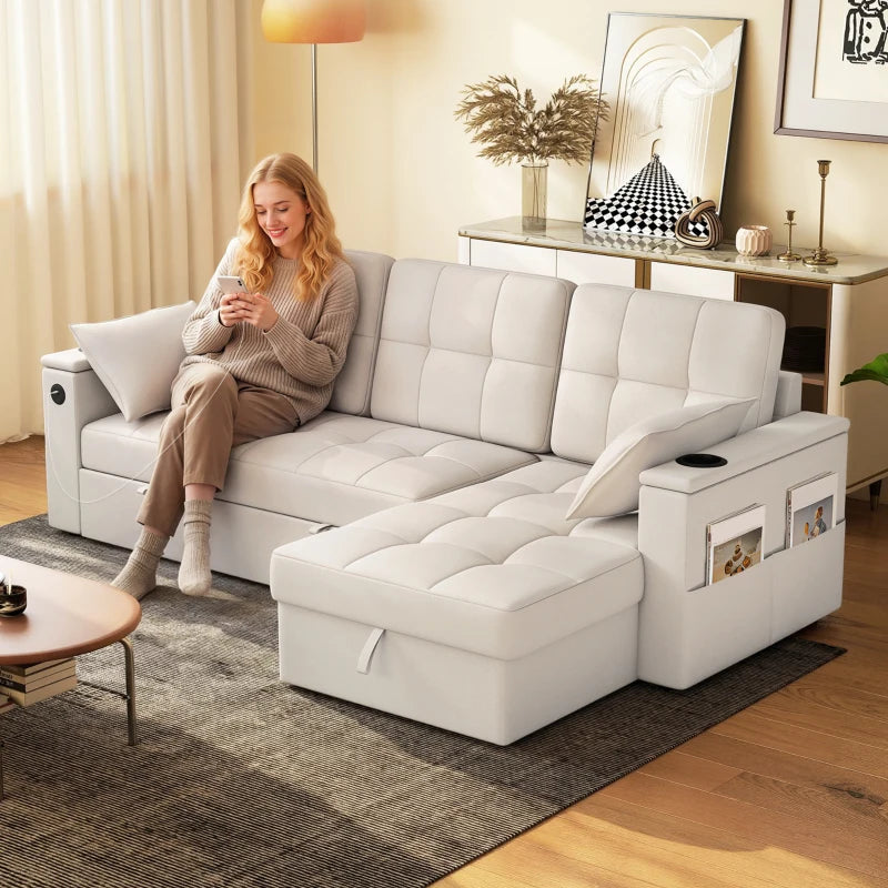 Convertible sectional sofa bed with pull-out sleeper and chaise in beige