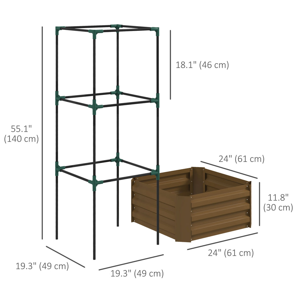 Galvanized Planter Box, Outdoor Raised Garden Bed with 3-Tier Trellis Tomato Cage for Climbing Vines, Vegetables, Brown