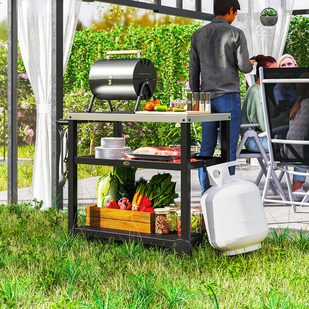 3-Shelf Outdoor Grill Dining Cart Pizza Oven Stand with Stainless Steel Top, Movable BBQ Food Prep Table Outdoor Kitchen Island with Hooks Wheels Handle, Charcoal Grey