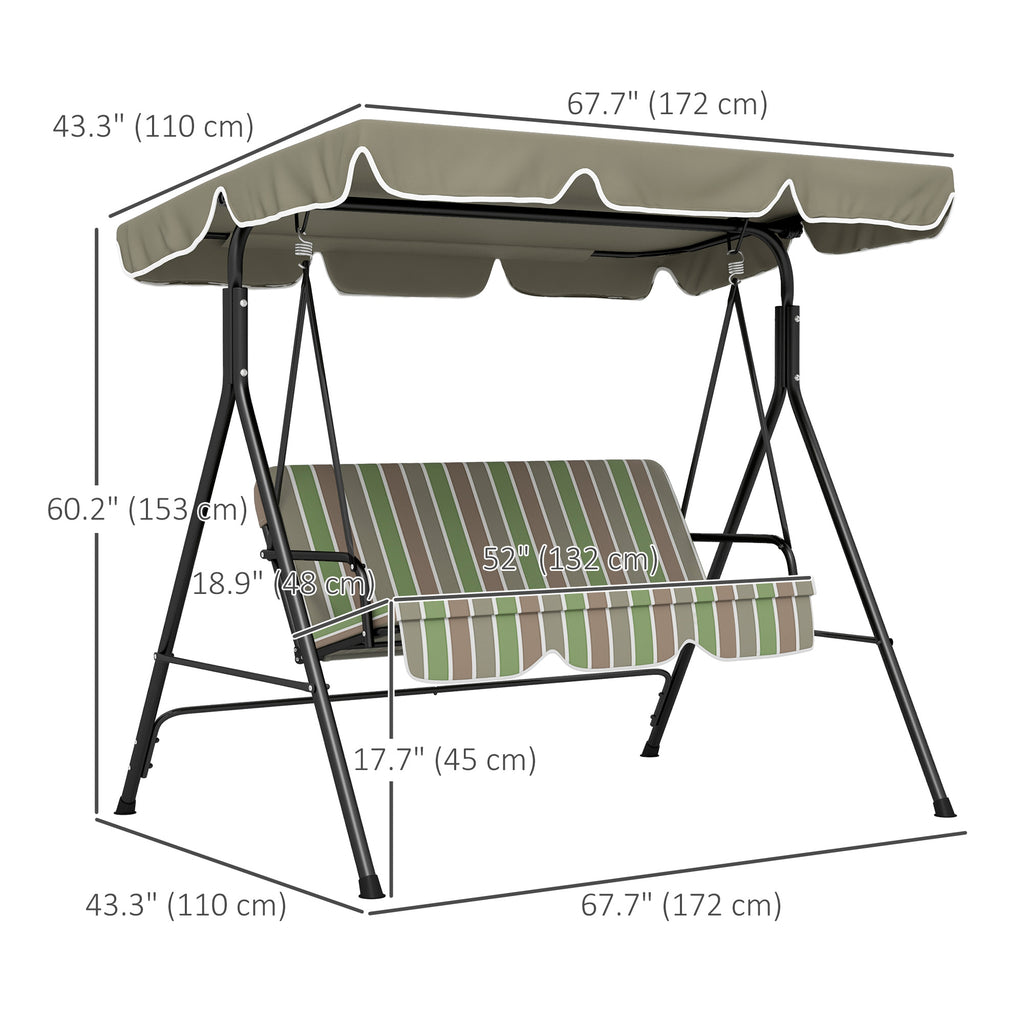 3-Seater Outdoor Porch Swing with Adjustable Canopy, Patio Swing Chair for Garden, Poolside, Backyard, Green and Brown