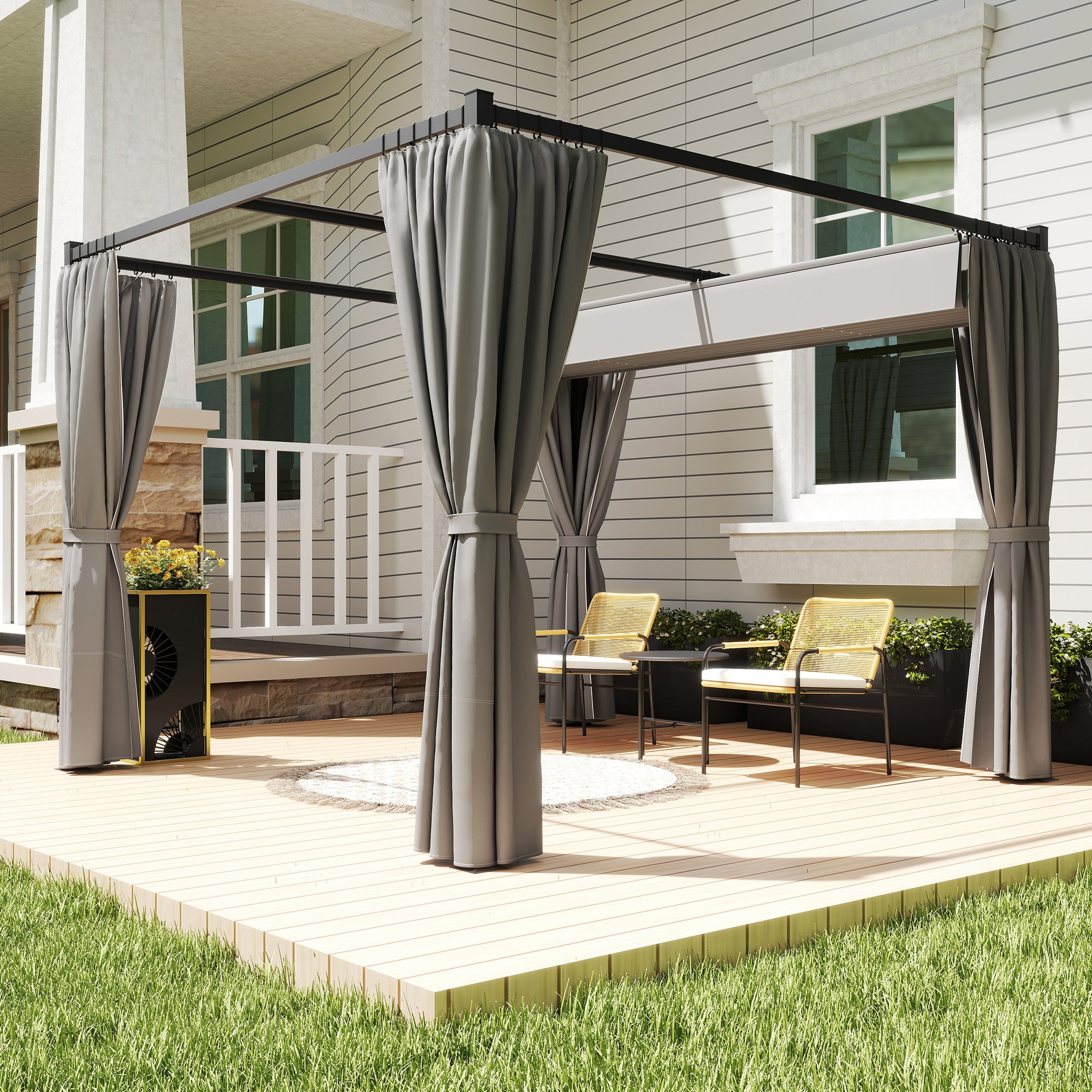 10' x 10' Retractable Pergola Canopy with Sidewalls, Metal Outdoor Gazebo Sun Shade Shelter, Light Grey