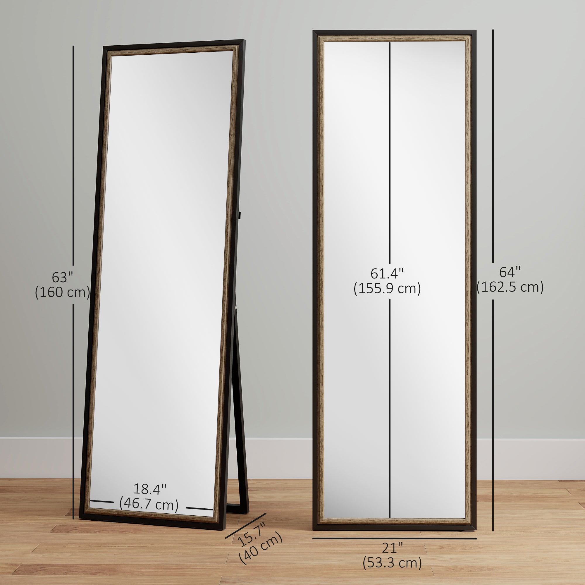 Full Length Mirror, 64" x 21" Rectangle Full Body Mirror with Dual-Tone Frame for Bedroom, Black