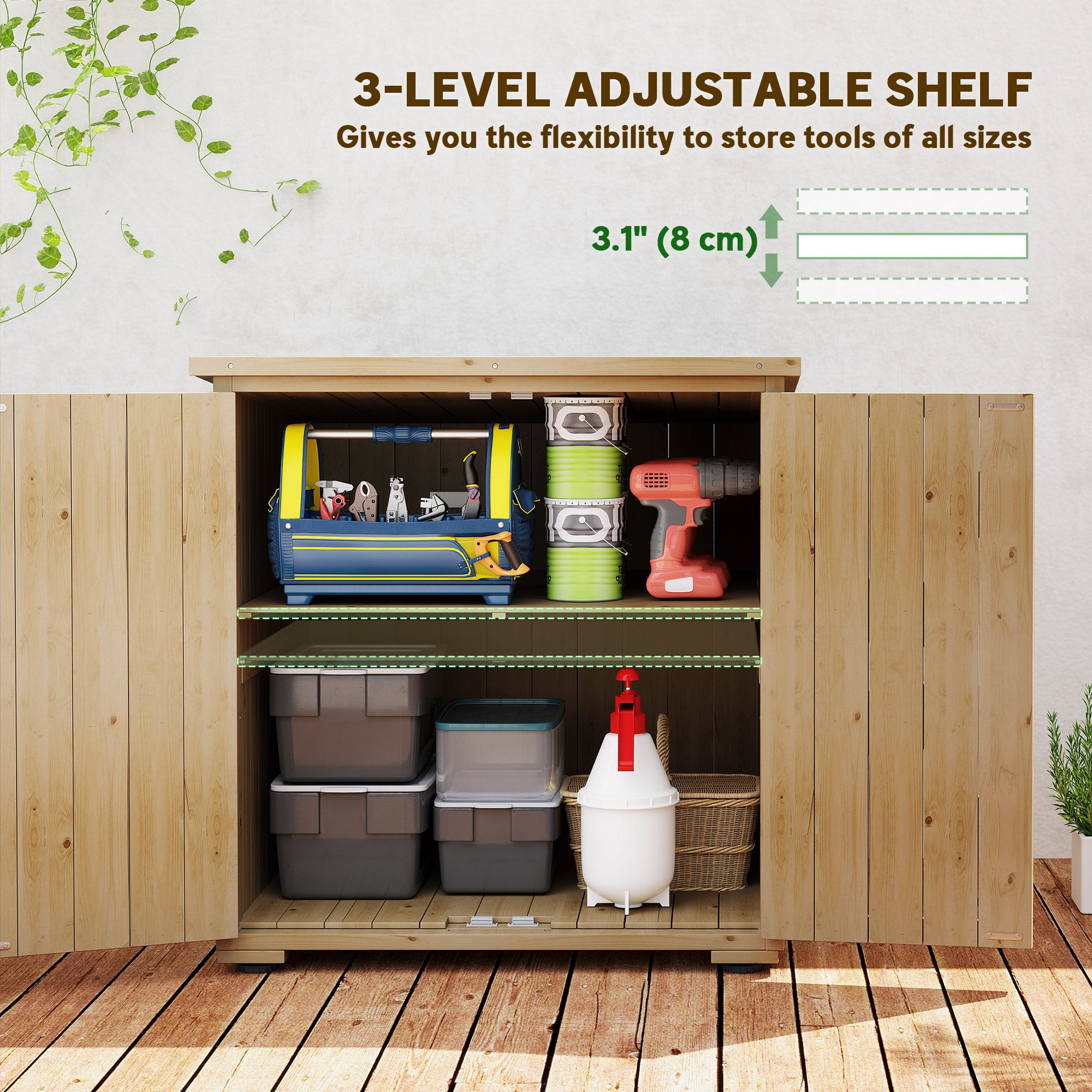 Wooden Outdoor Storage Cabinet, Garden Shed Potting Shed with Shelf and Double Doors, Natural