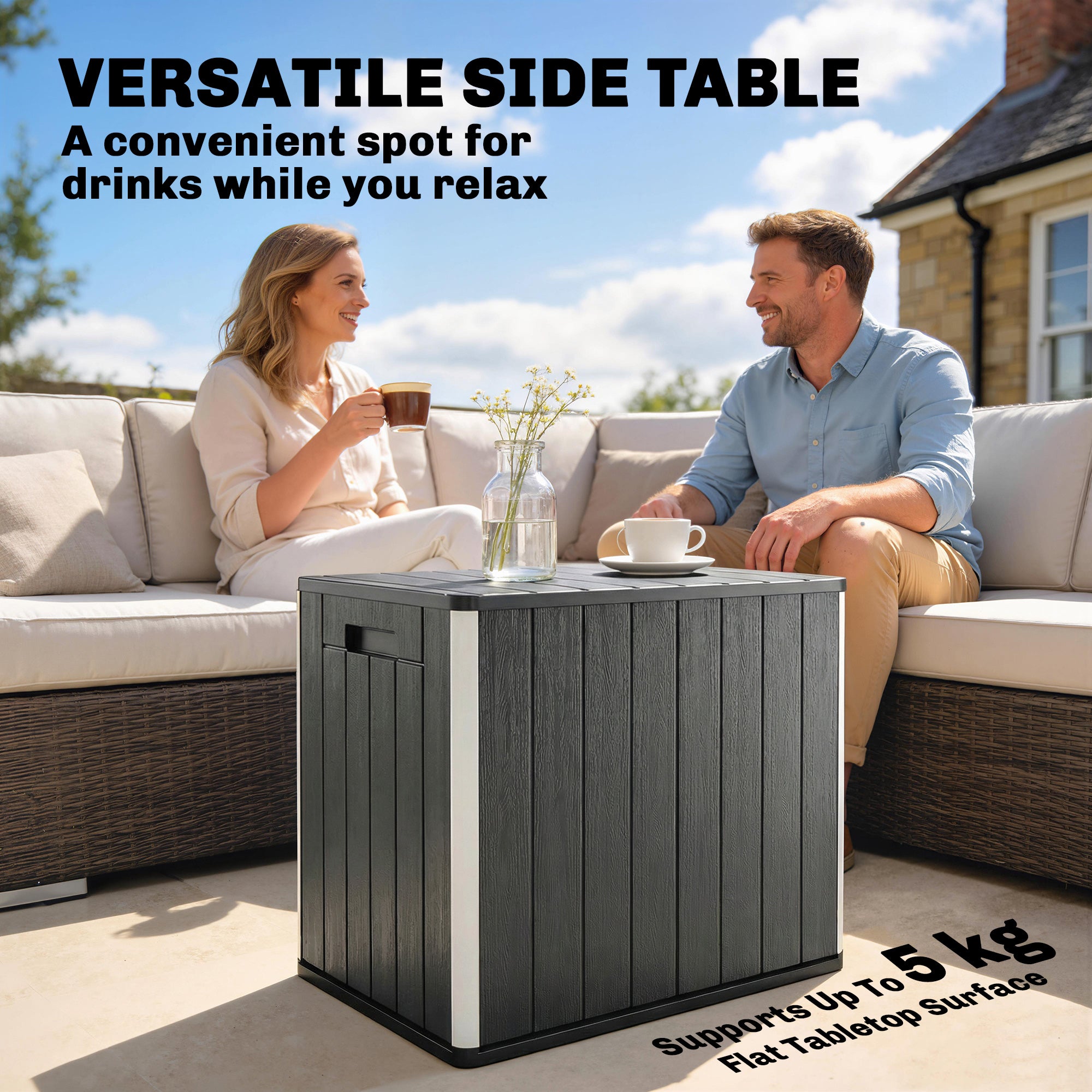 30 Gallon Storage Box, Outdoor Side Table with Umbrella Holder, Black