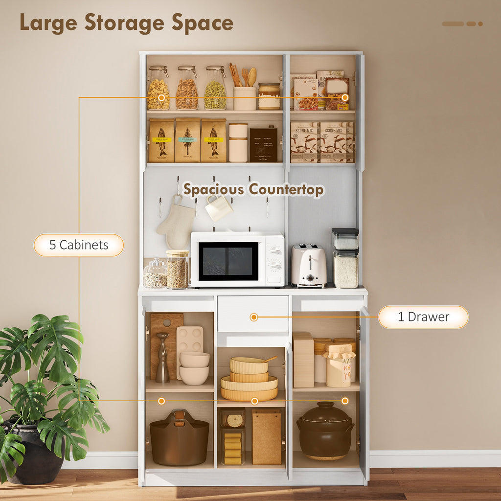 71" Pantry Cabinet with Charging Station, Kitchen Storage Cabinet with Microwave Stand, Pegboard, 6 S-hooks, White