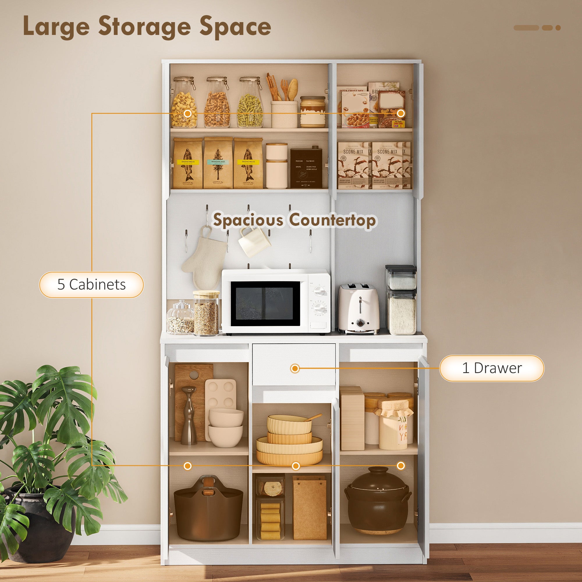 71" Pantry Cabinet with Charging Station, Kitchen Storage Cabinet with Microwave Stand, Pegboard, 6 S-hooks, White