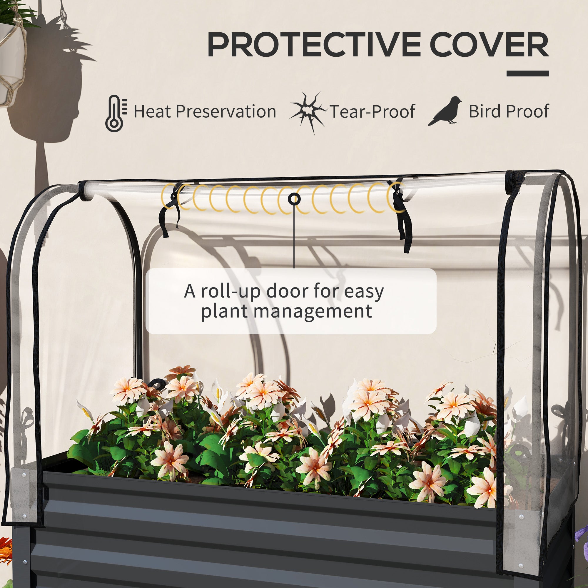 Raised Garden Bed with Cover, Metal Elevated Planter Box with Bottom Shelf and Liner, Dark Grey