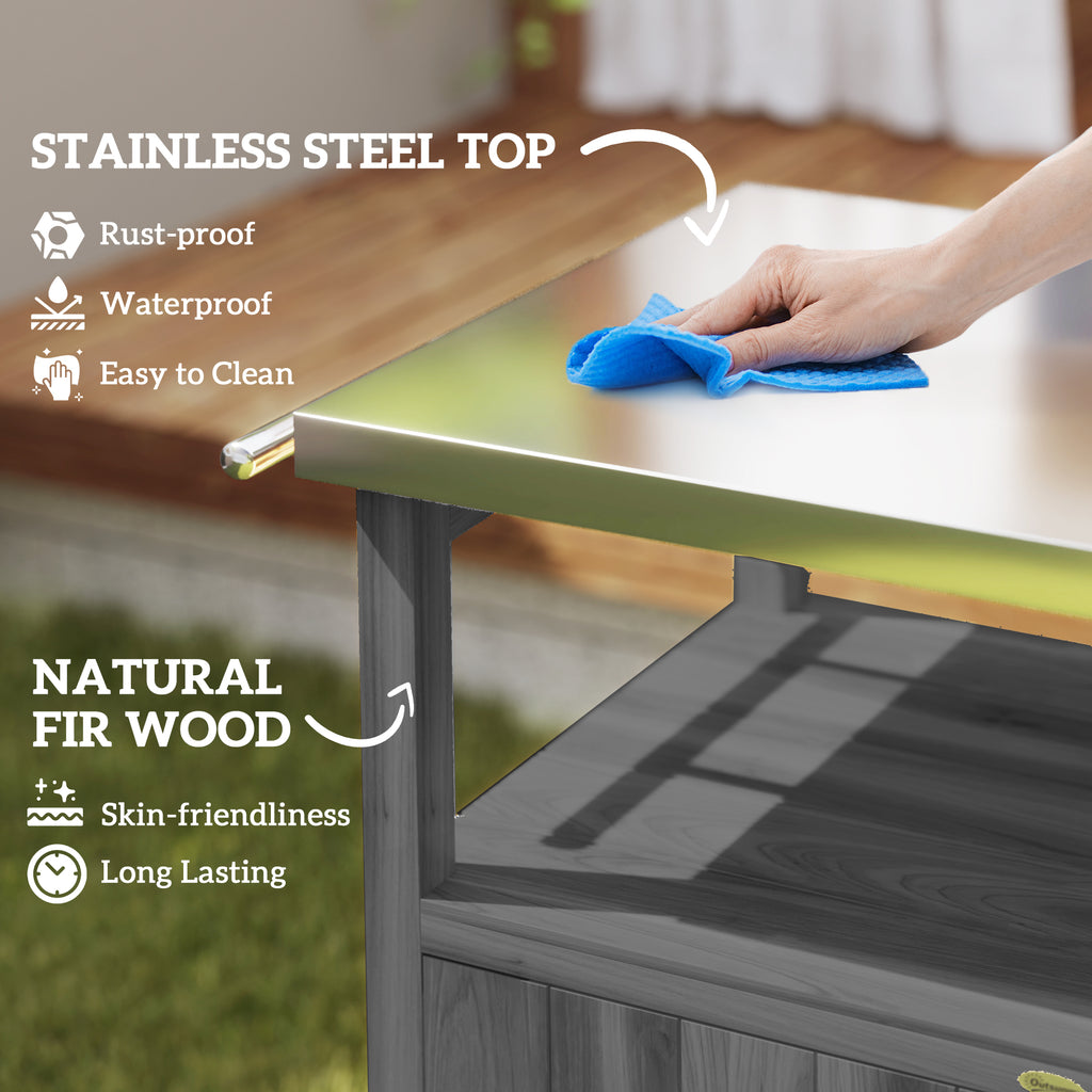 Grill Table with Stainless Steel Top, Pizza Oven Table with Storage Cabinet, Spice Rack, Wheels, Handle, Dark Grey