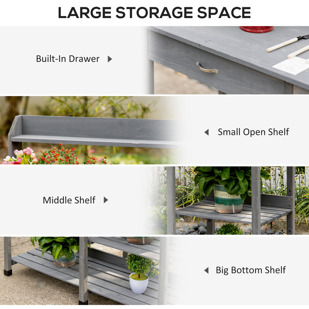Potting Bench Table Garden Work Bench Workstation with Drawer, Removable Sink, Storage Shelves and Hooks for Patio, Courtyards, Balcony