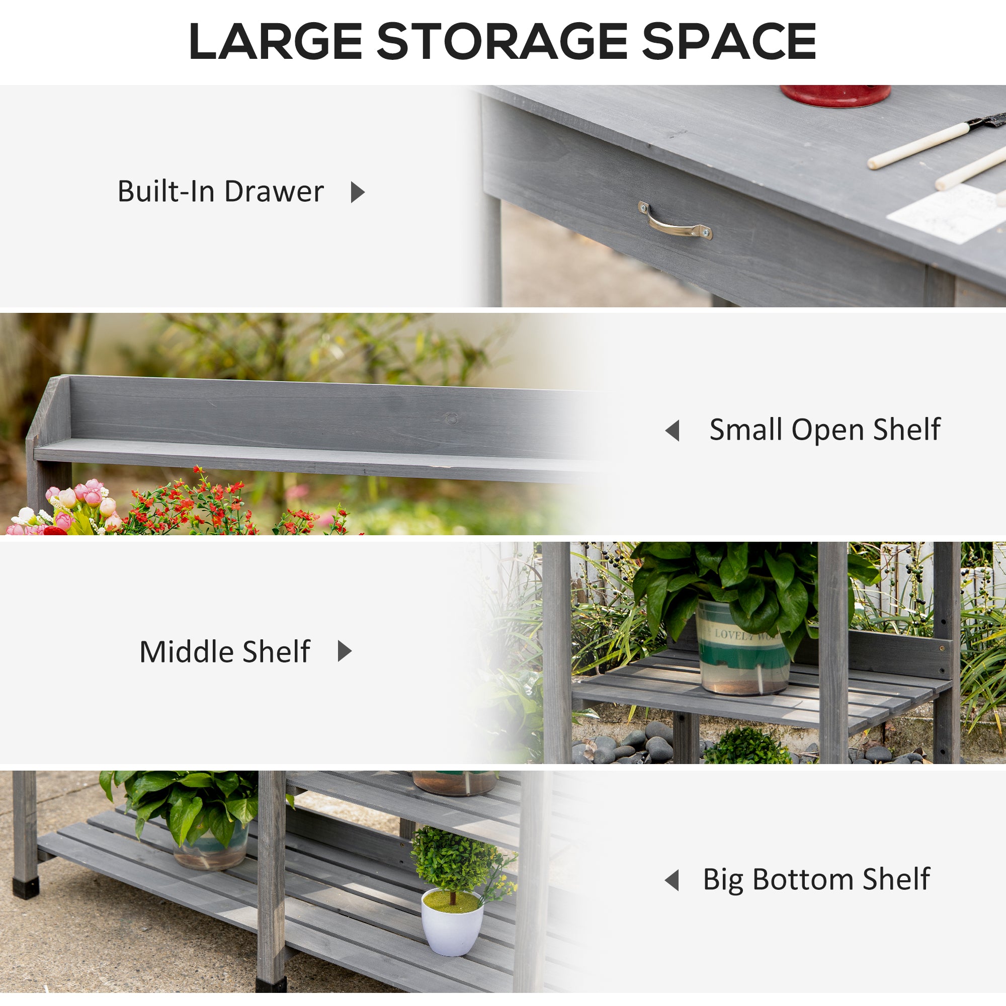 Potting Bench Table Garden Work Bench Workstation with Drawer, Removable Sink, Storage Shelves and Hooks for Patio, Courtyards, Balcony