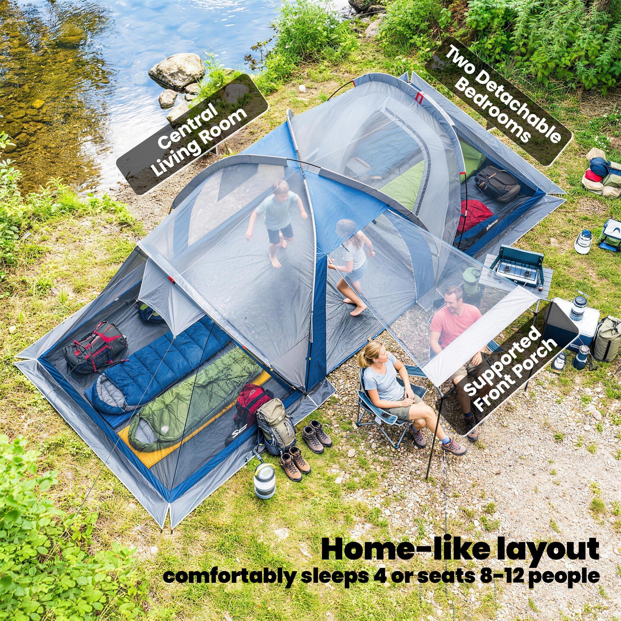 Multi-Room Camping Tent for 8-12 Person, Large Family Tent with 3000mm Waterproof Rainfly and Screen Panels,