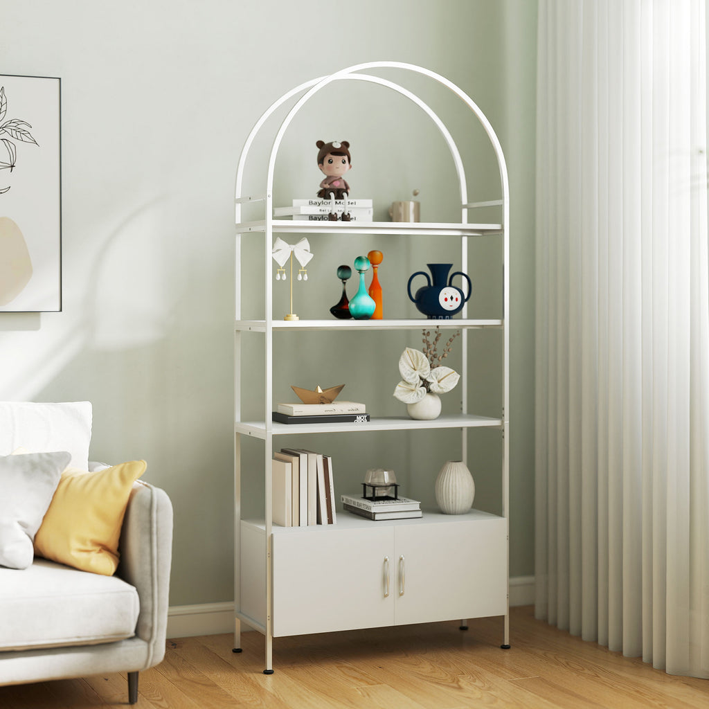 4-Tier Arched Shelving Unit with Cabinet, Bookshelf for Living Room, Office, 31.5" x 11.8" x 73.6", White